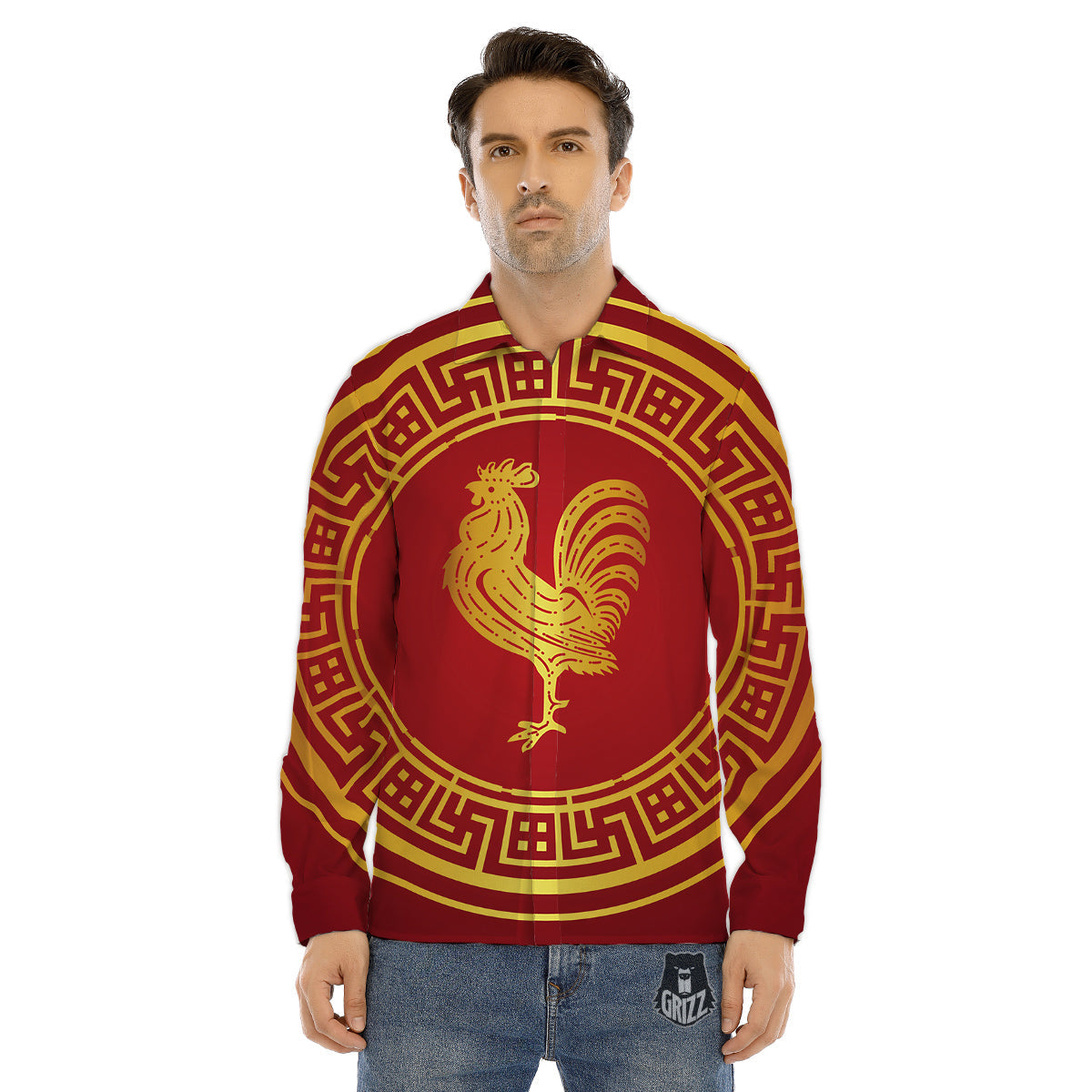Chinese New Year Rooster Print Men's Dress Shirts-grizzshop