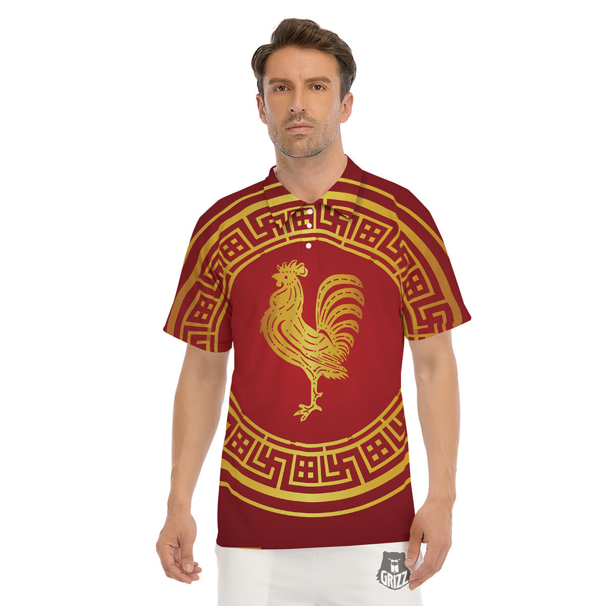 Chinese New Year Rooster Print Men's Golf Shirts-grizzshop