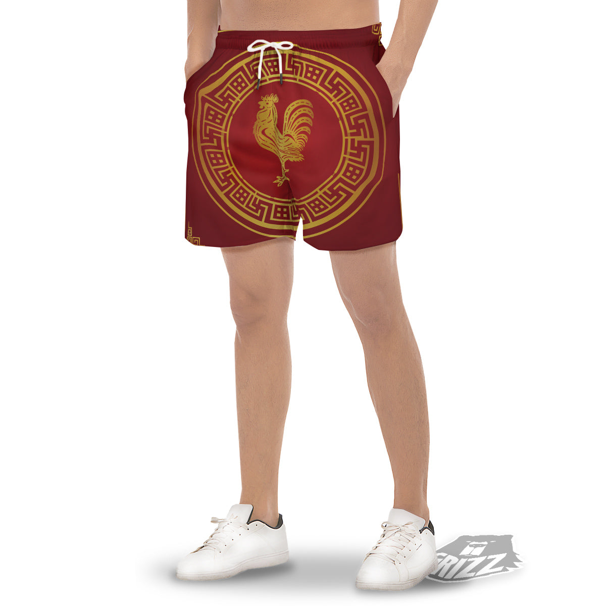 Chinese New Year Rooster Print Men's Gym Shorts-grizzshop