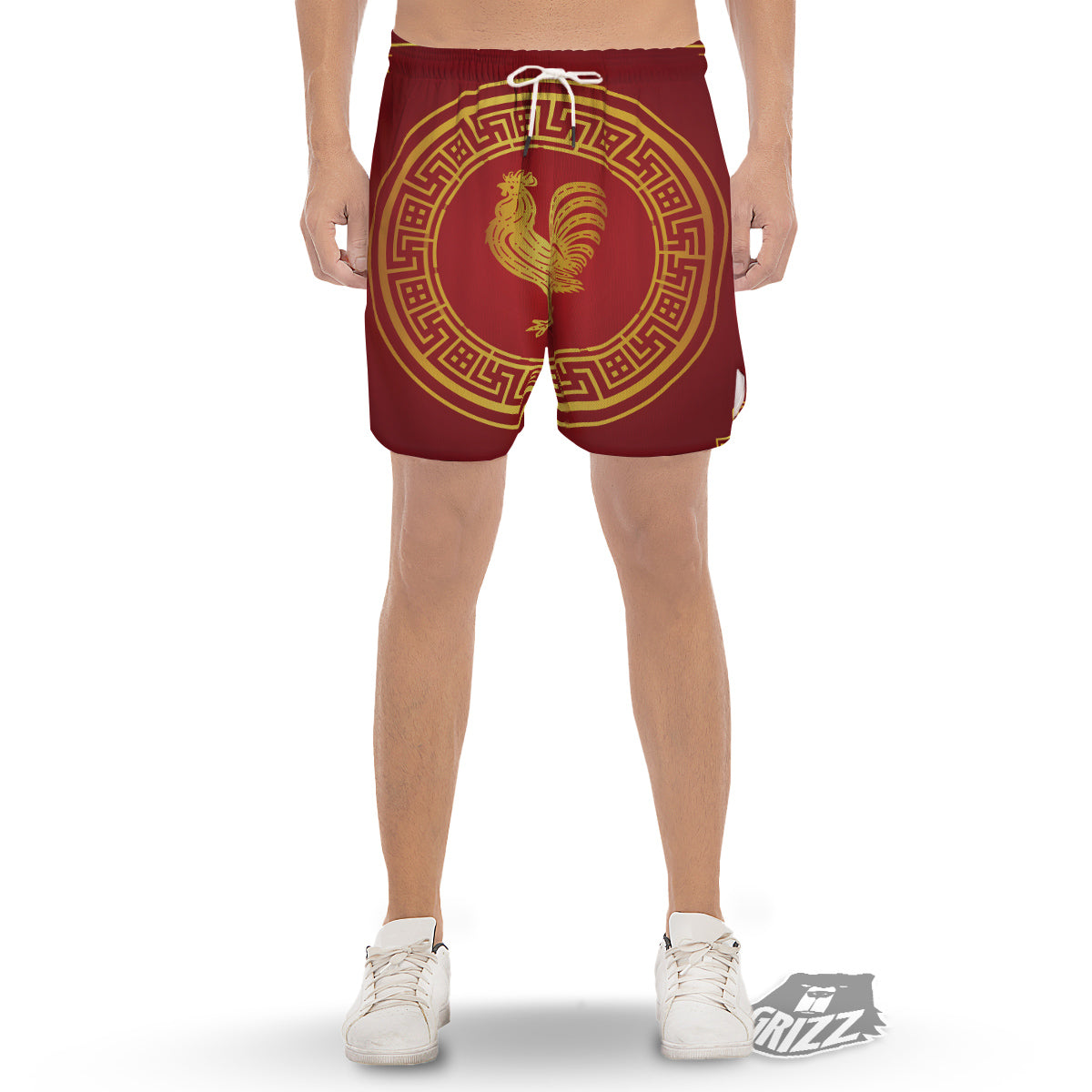Chinese New Year Rooster Print Men's Gym Shorts-grizzshop