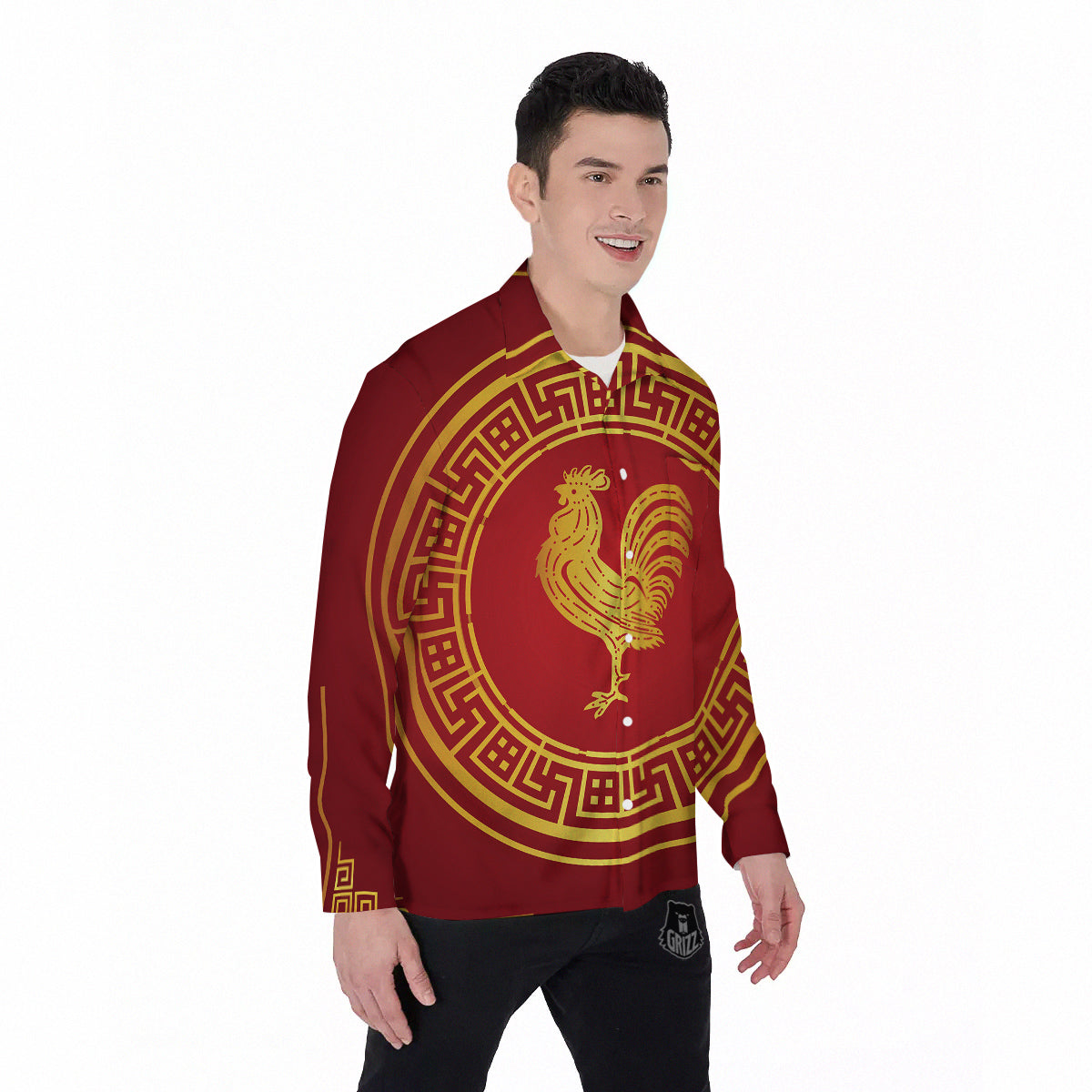 Chinese New Year Rooster Print Men's Long Sleeve Shirts-grizzshop
