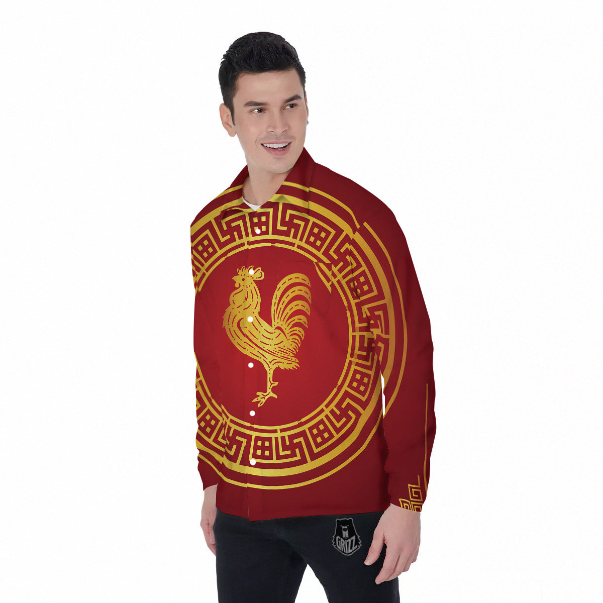 Chinese New Year Rooster Print Men's Long Sleeve Shirts-grizzshop