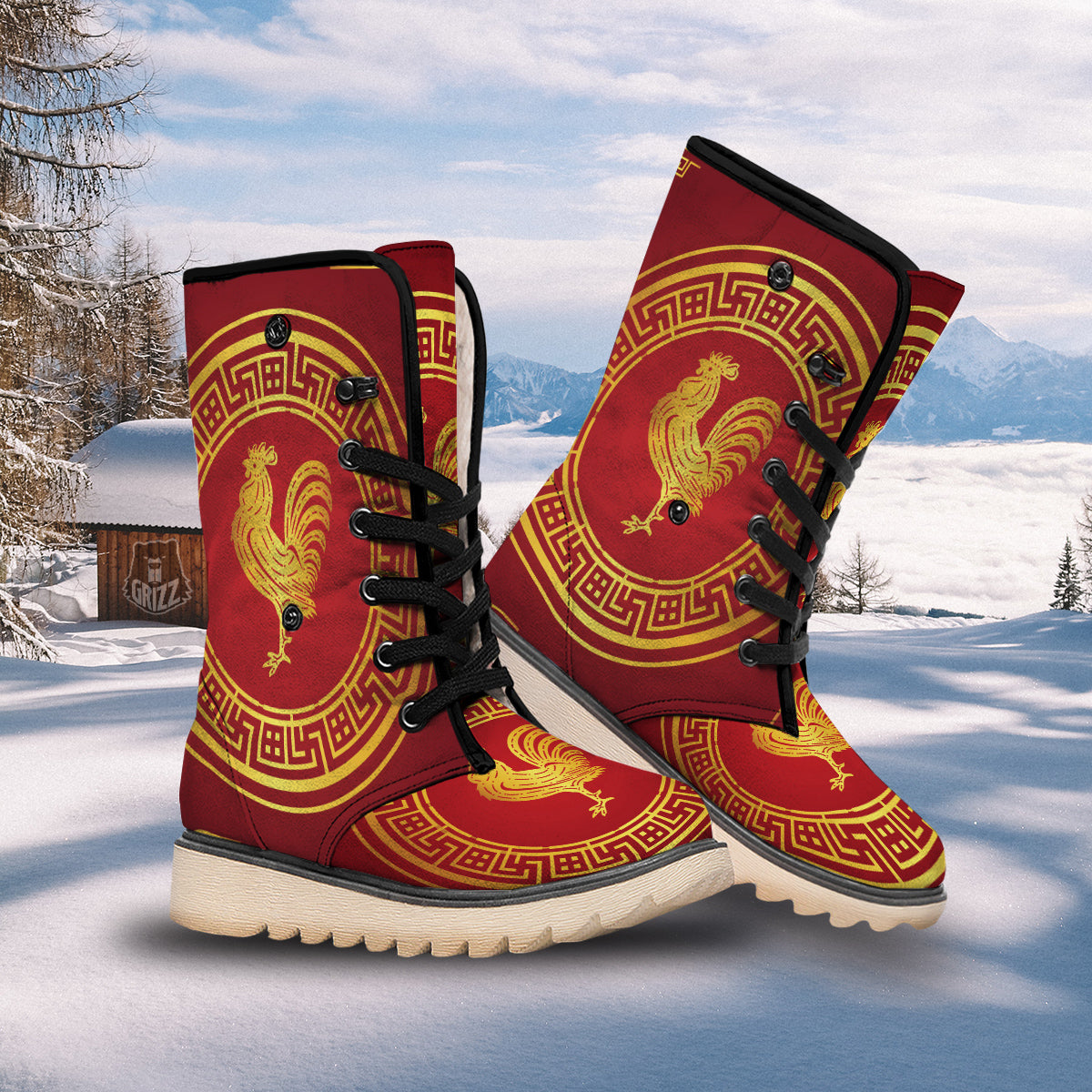 Chinese New Year Rooster Print Snow Boots-grizzshop