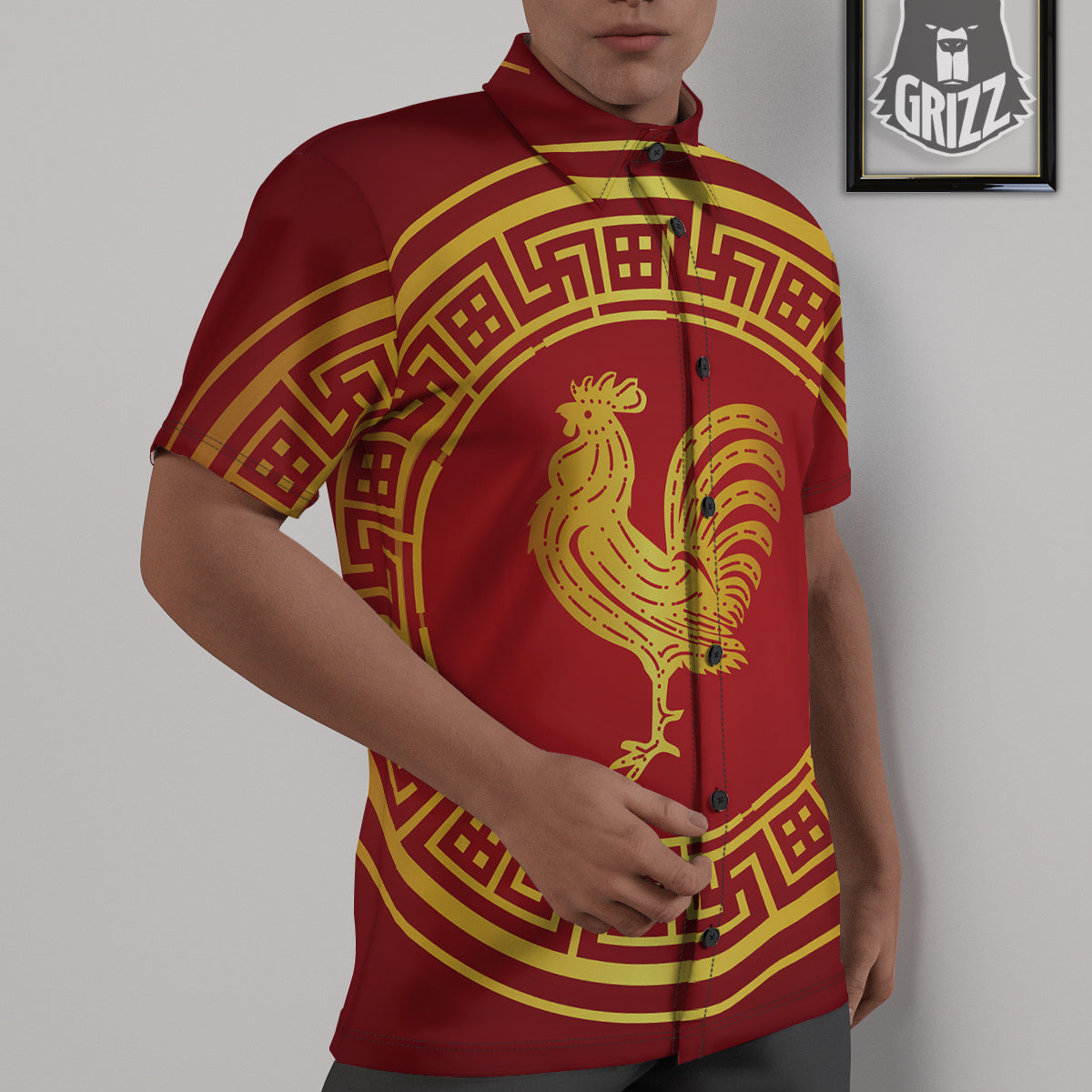 Chinese New Year Rooster Print Untucked Shirts-grizzshop