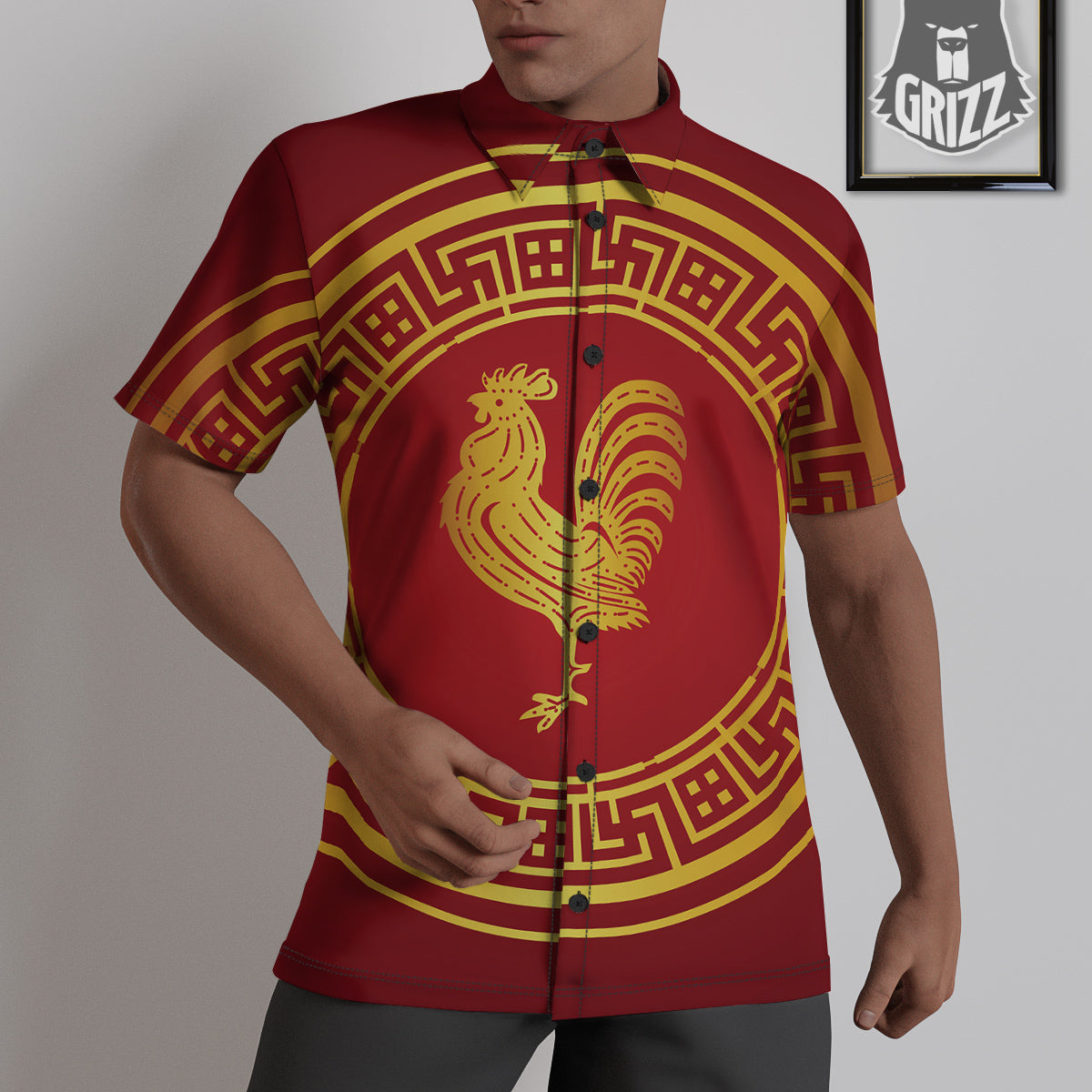Chinese New Year Rooster Print Untucked Shirts-grizzshop
