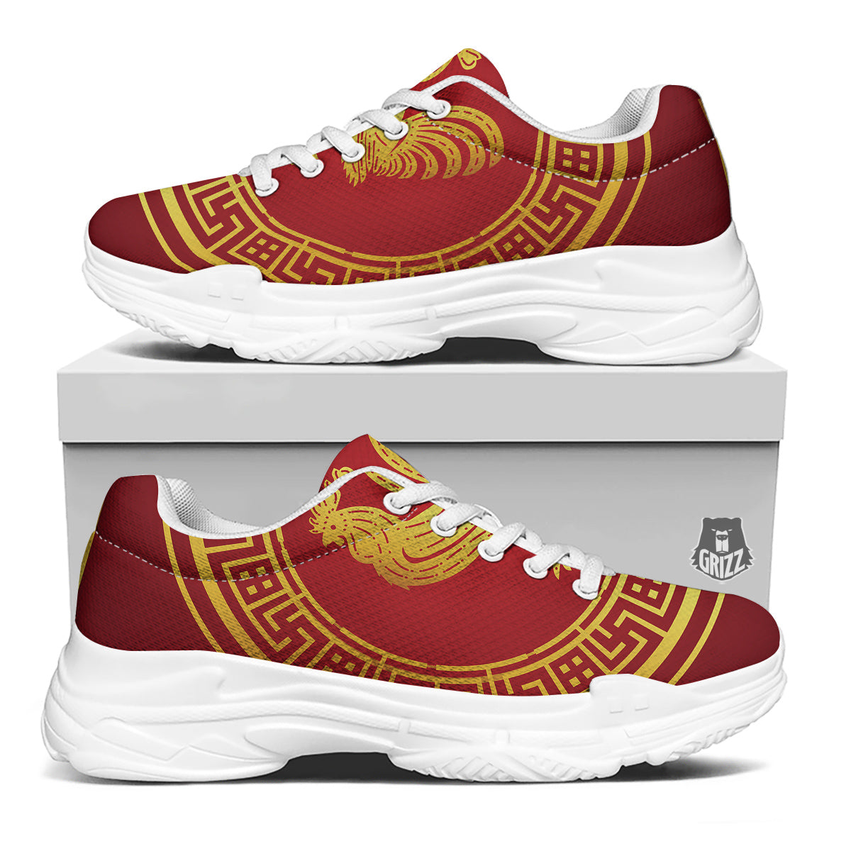 Chinese New Year Rooster Print White Chunky Shoes-grizzshop