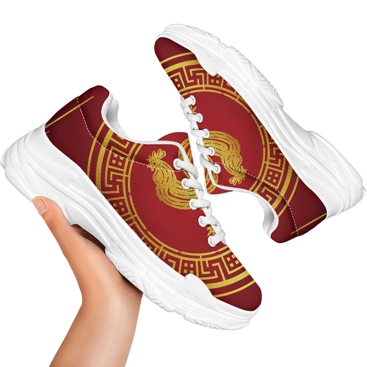 Chinese New Year Rooster Print White Chunky Shoes-grizzshop
