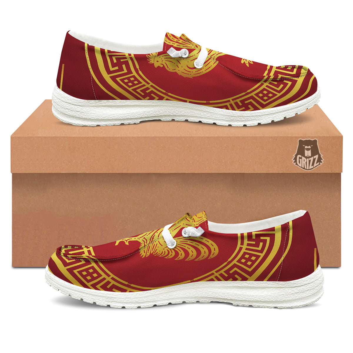 Chinese New Year Rooster Print White Loafers-grizzshop