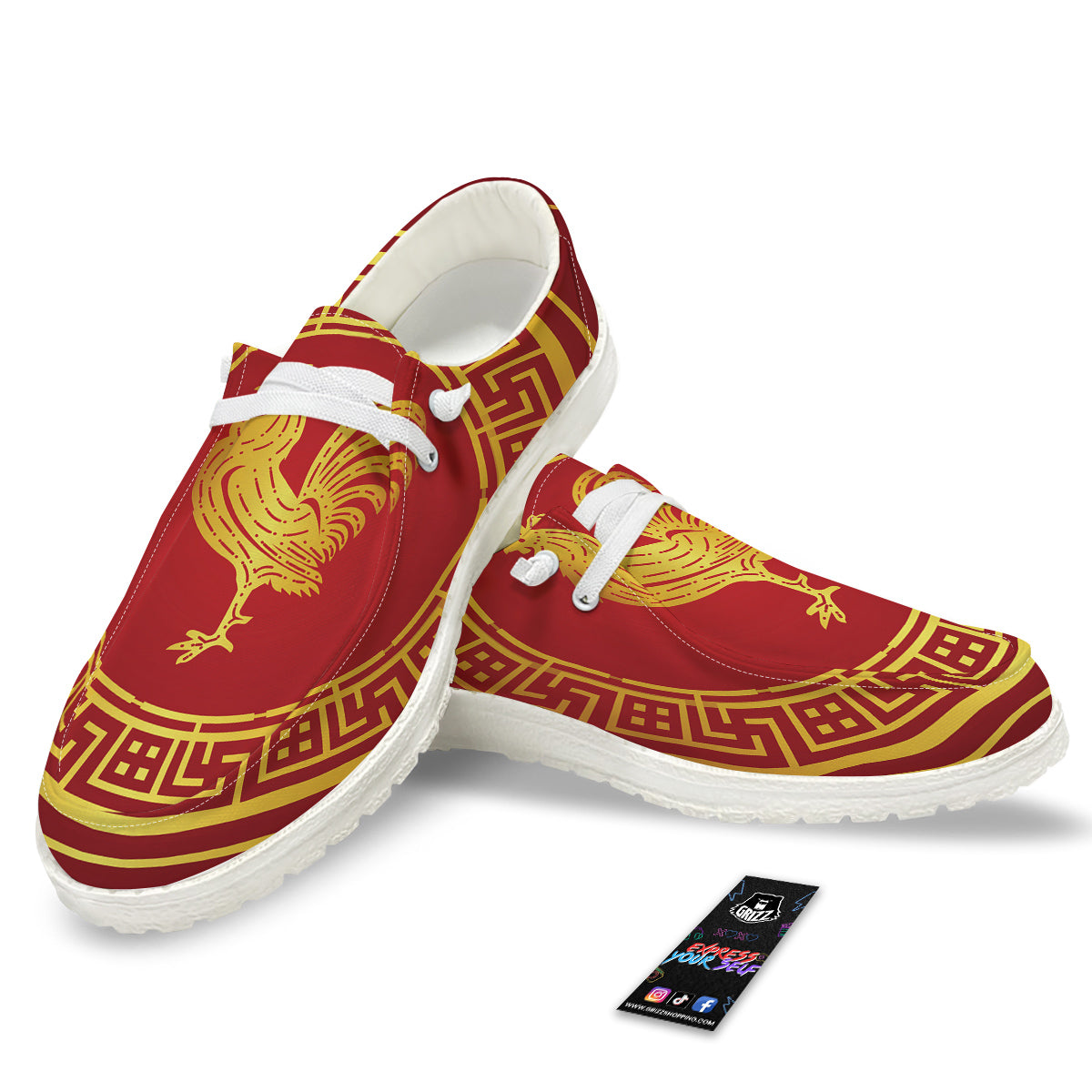 Chinese New Year Rooster Print White Loafers-grizzshop