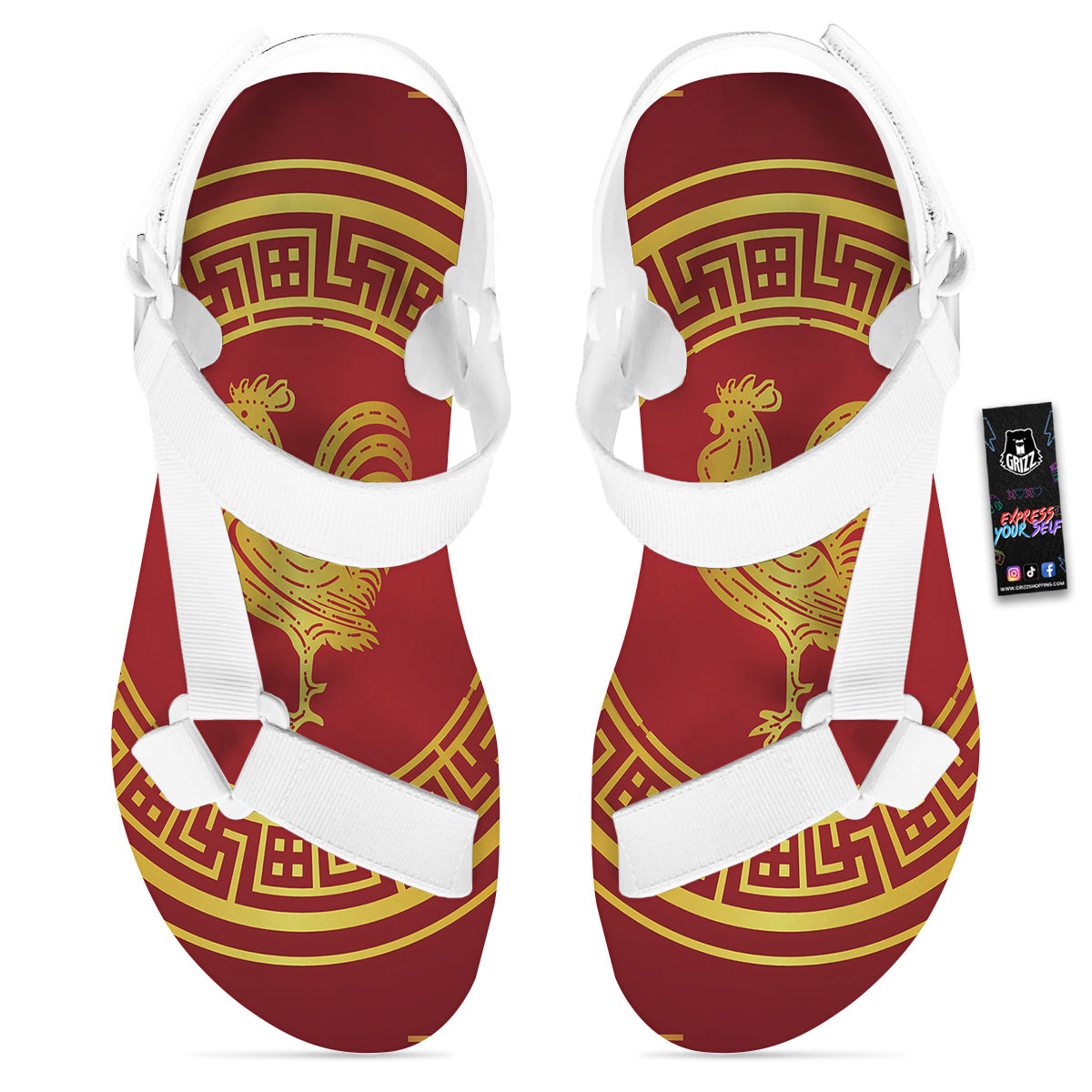Chinese New Year Rooster Print White Open Toe Sandals-grizzshop