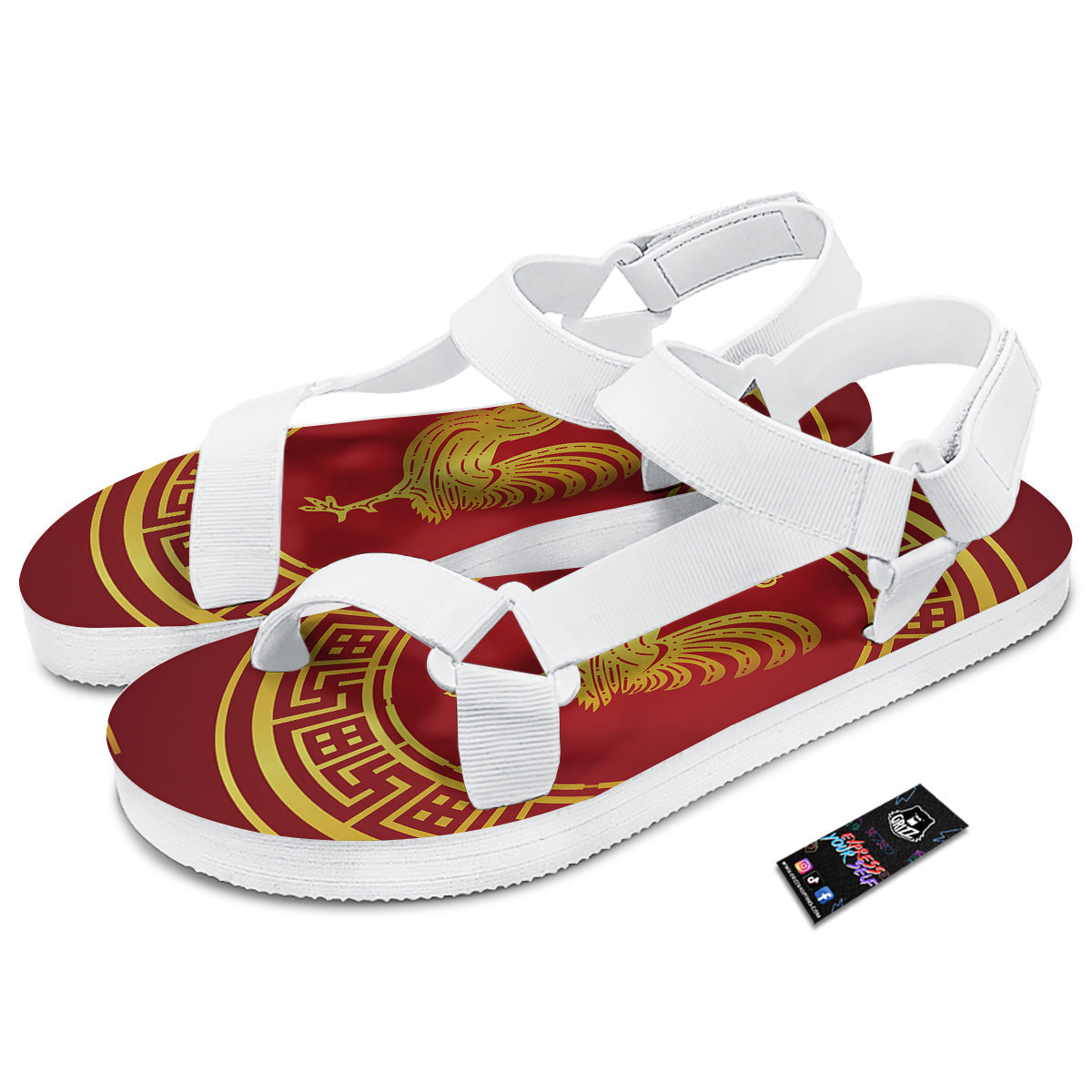 Chinese New Year Rooster Print White Open Toe Sandals-grizzshop