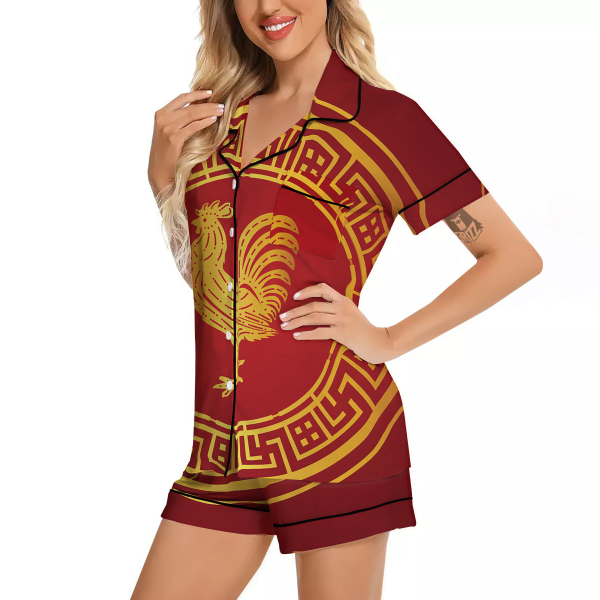Chinese New Year Rooster Print Women Silk Pajamas-grizzshop
