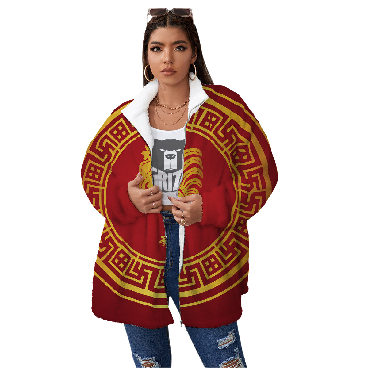 Chinese New Year Rooster Print Women's Sherpa Jacket-grizzshop
