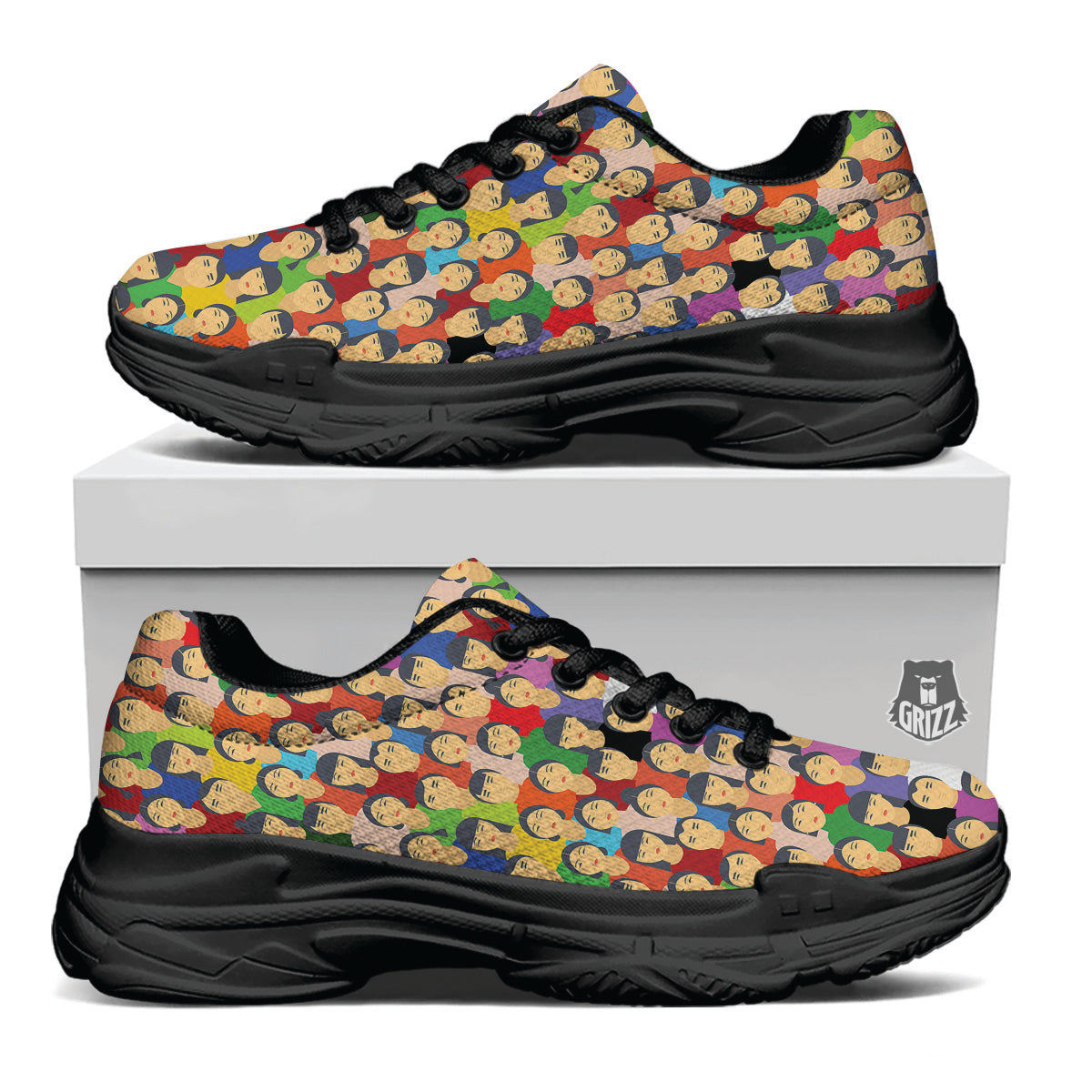 Chinese People Colorful Print Pattern Black Chunky Shoes-grizzshop