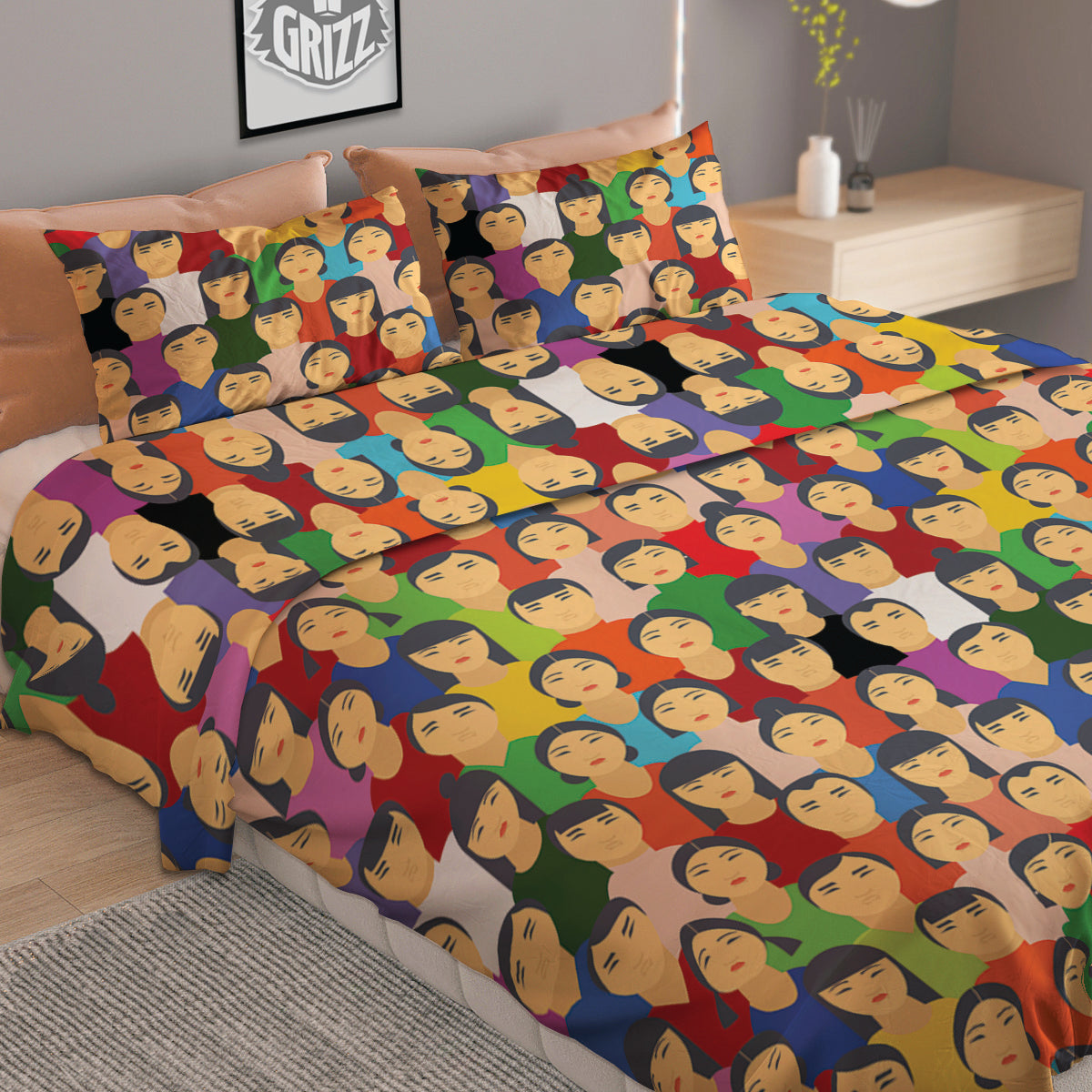 Chinese People Colorful Print Pattern Duvet Cover Bedding Set