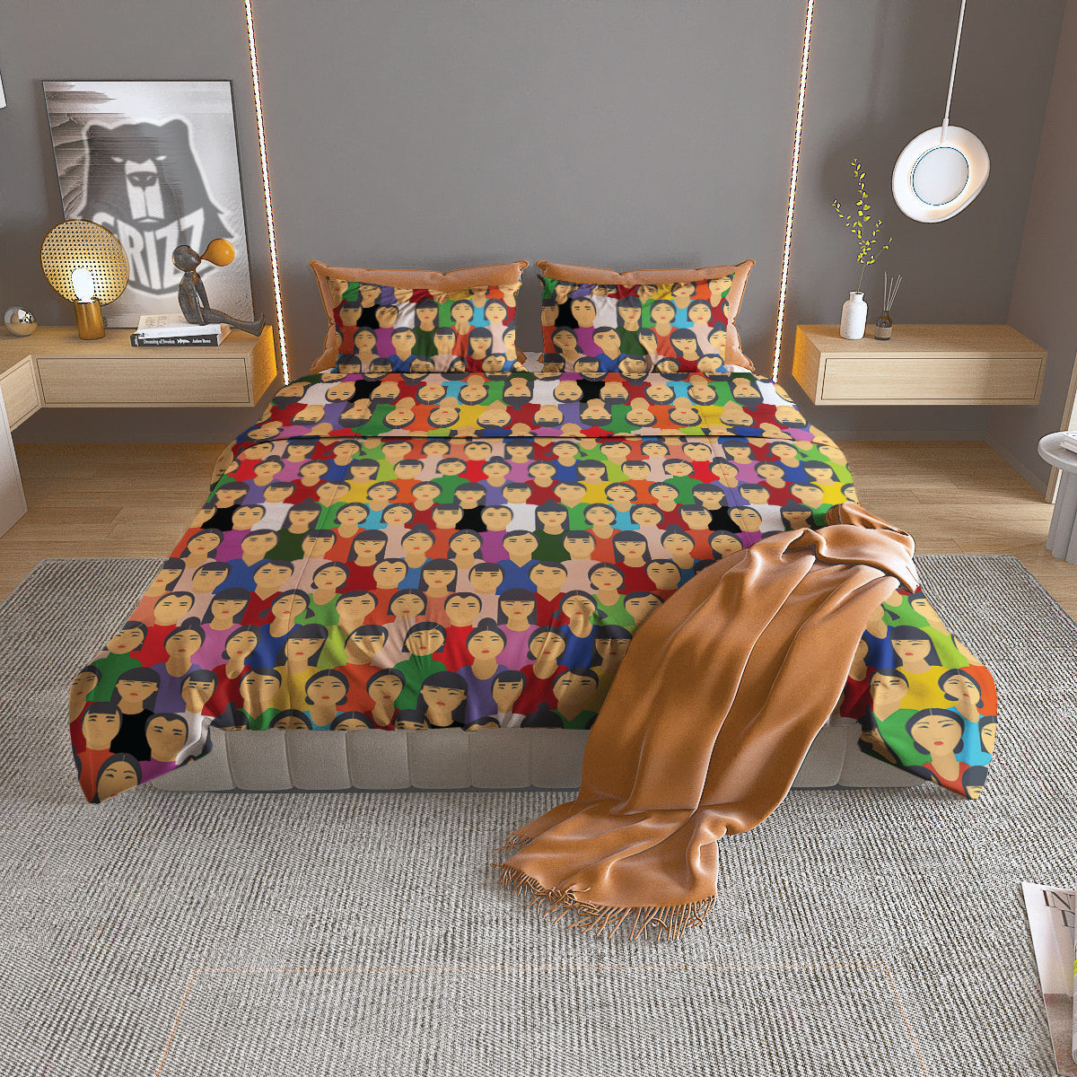 Chinese People Colorful Print Pattern Duvet Cover Bedding Set