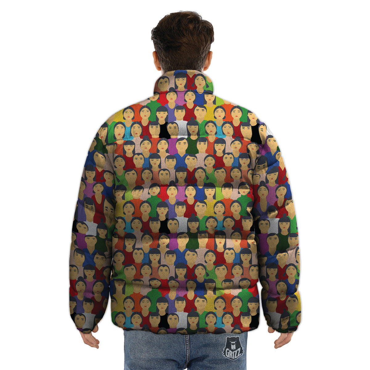 Chinese People Colorful Print Pattern Puffer Jacket-grizzshop