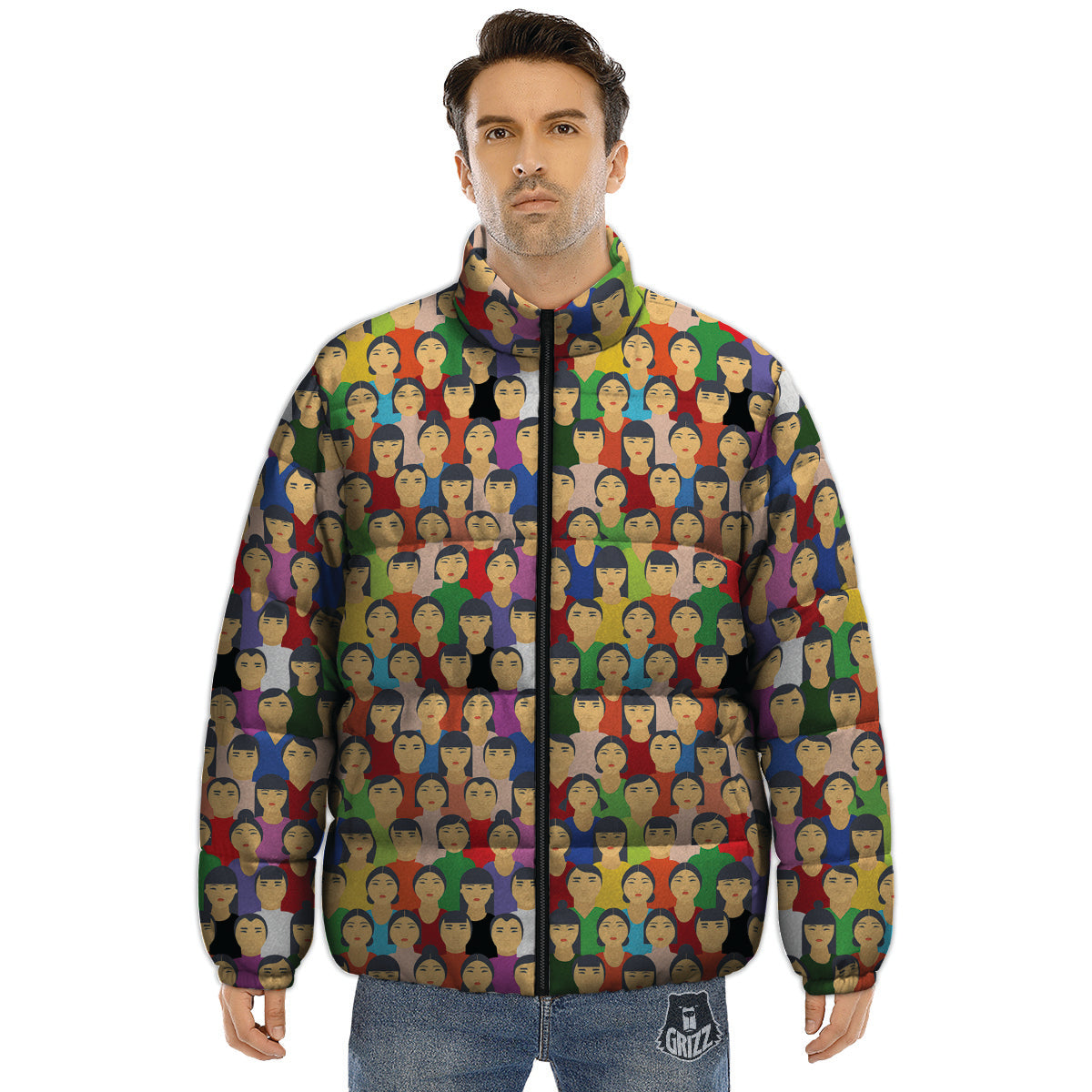 Chinese People Colorful Print Pattern Puffer Jacket-grizzshop