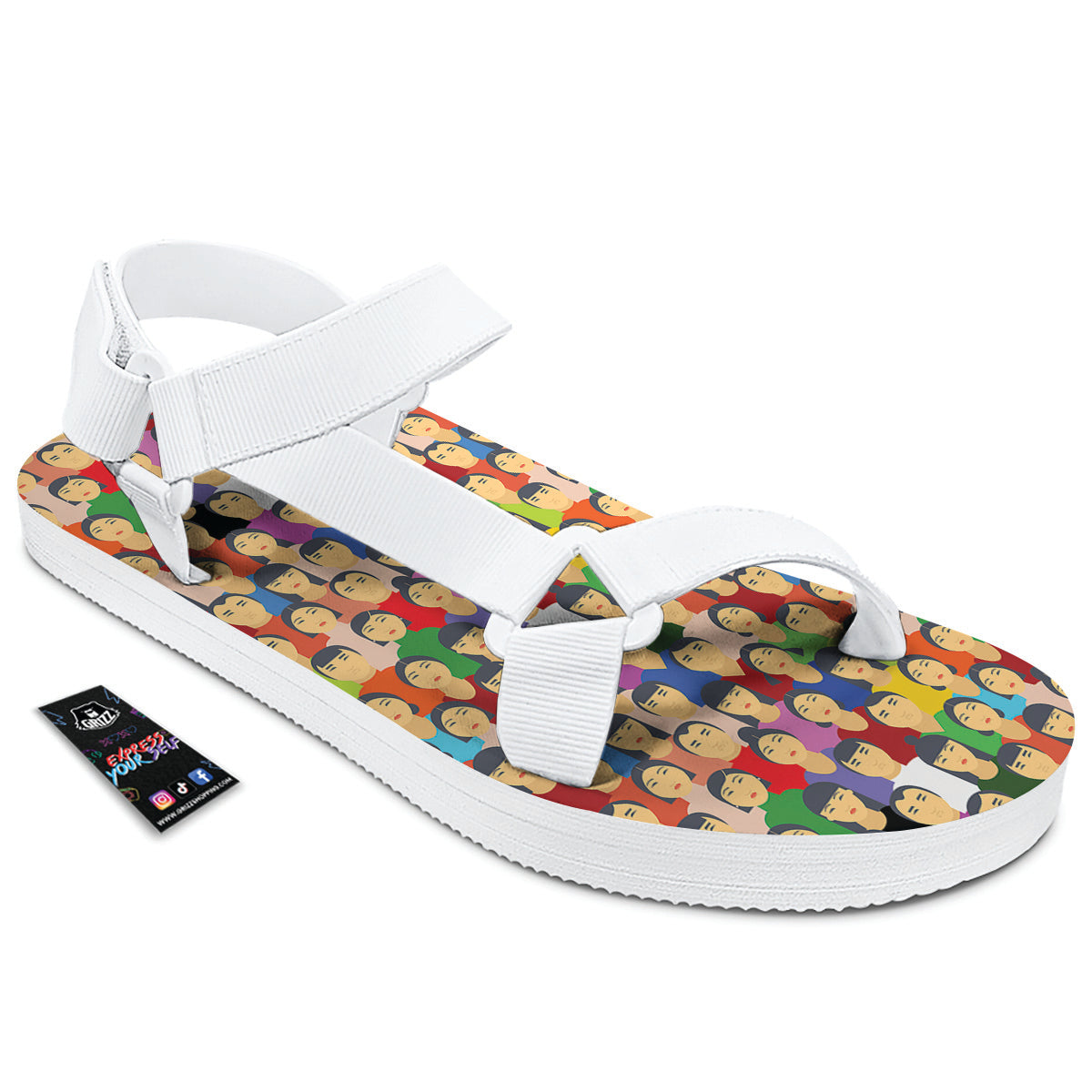 Chinese People Colorful Print Pattern White Open Toe Sandals-grizzshop
