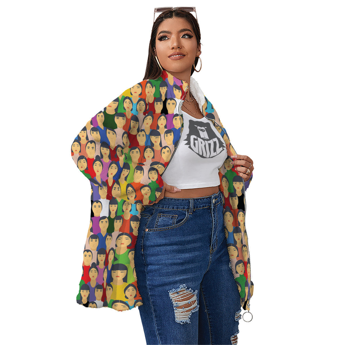 Chinese People Colorful Print Pattern Women's Sherpa Jacket-grizzshop