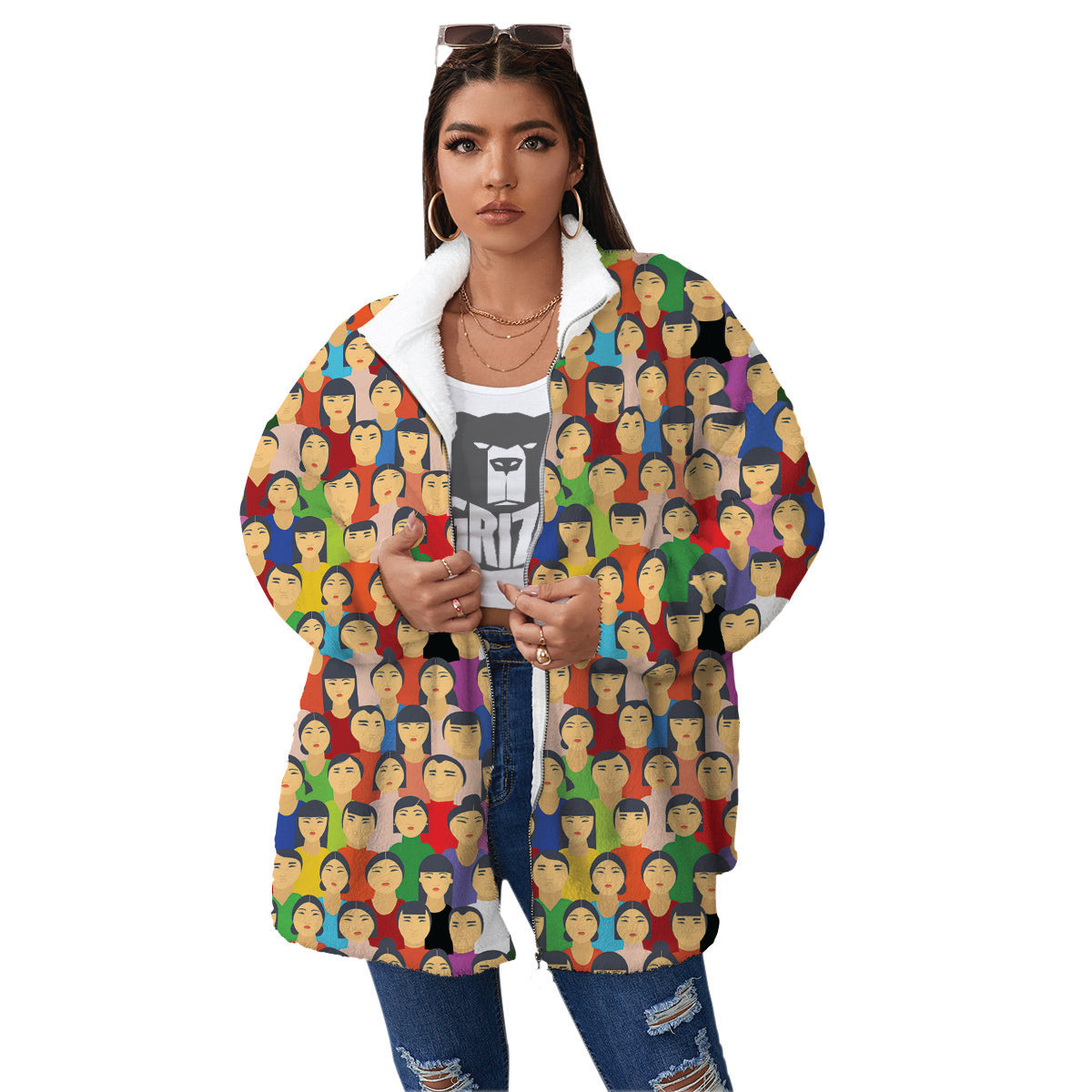Chinese People Colorful Print Pattern Women's Sherpa Jacket-grizzshop