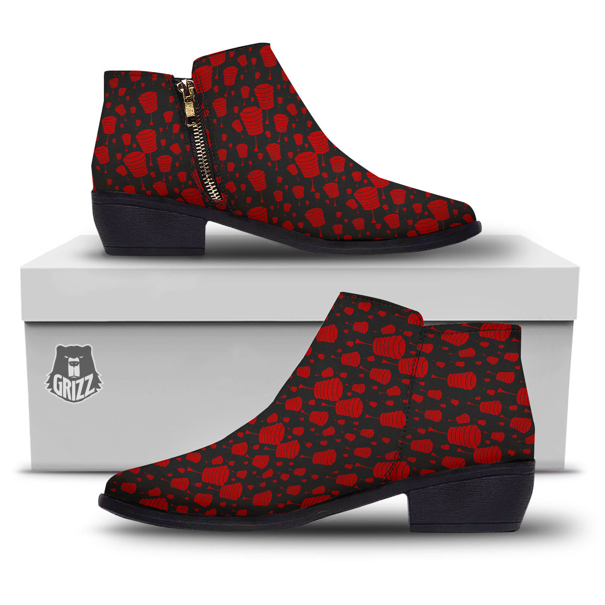 Chinese Red And Black Print Pattern Ankle Boots-grizzshop