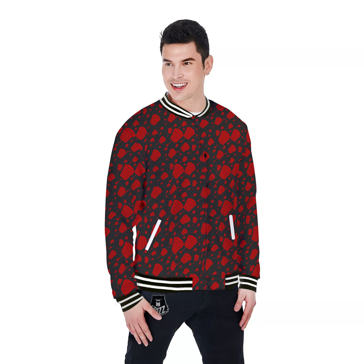 Chinese Red And Black Print Pattern Baseball Jacket-grizzshop
