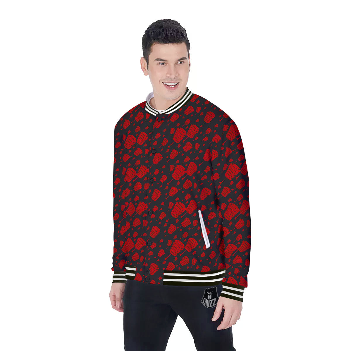 Chinese Red And Black Print Pattern Baseball Jacket-grizzshop