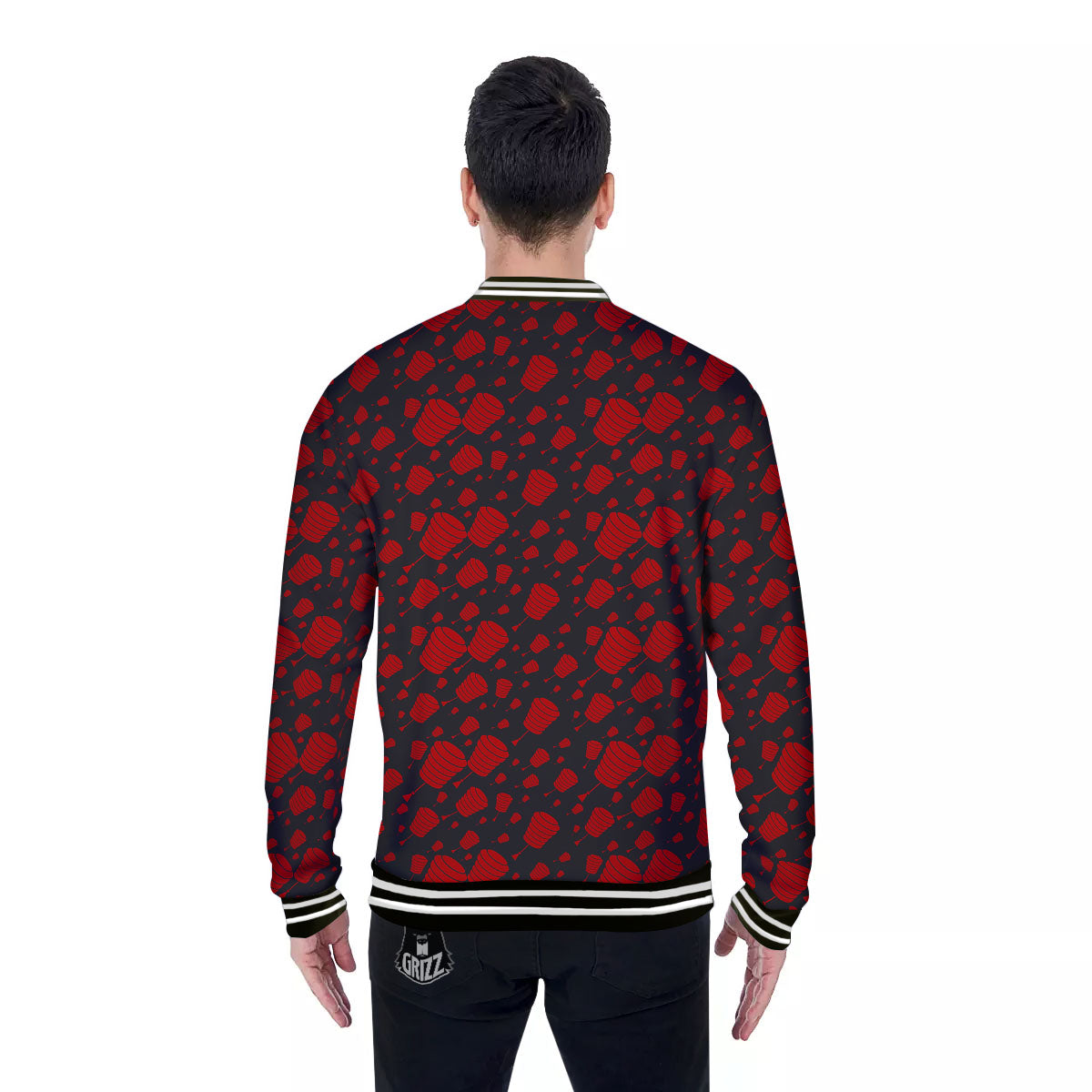 Chinese Red And Black Print Pattern Baseball Jacket-grizzshop