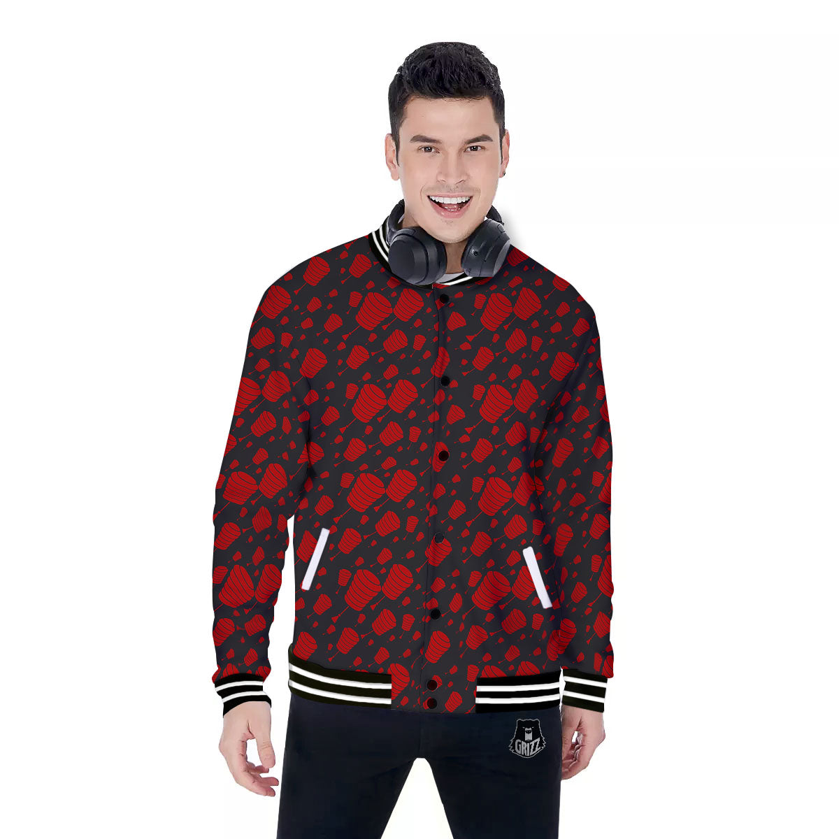 Chinese Red And Black Print Pattern Baseball Jacket-grizzshop