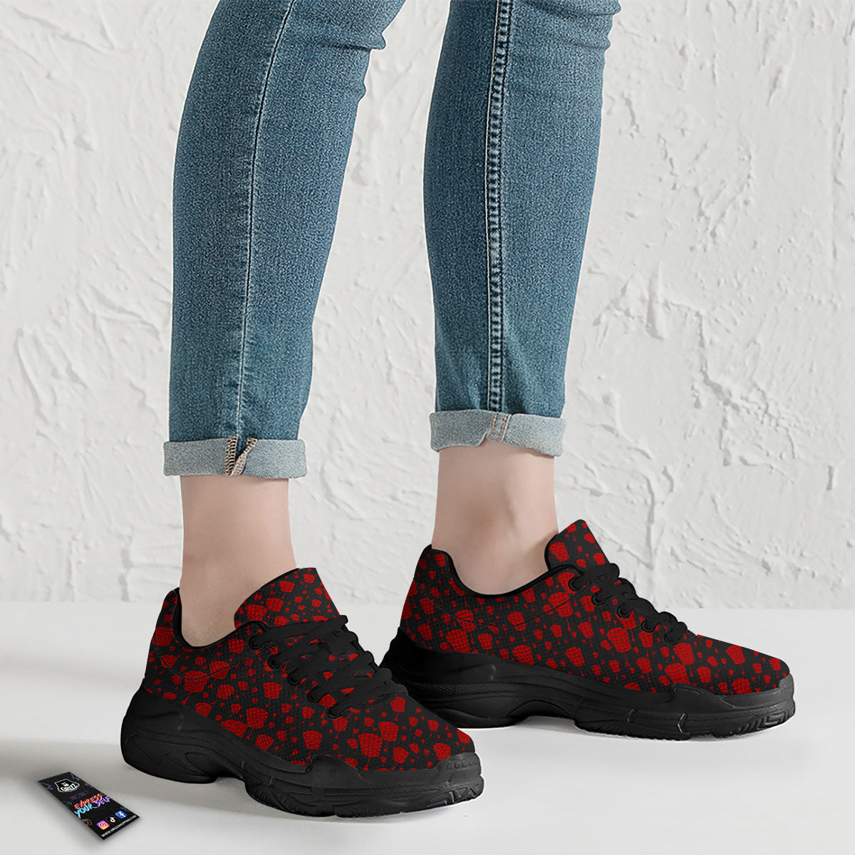 Chinese Red And Black Print Pattern Black Chunky Shoes-grizzshop