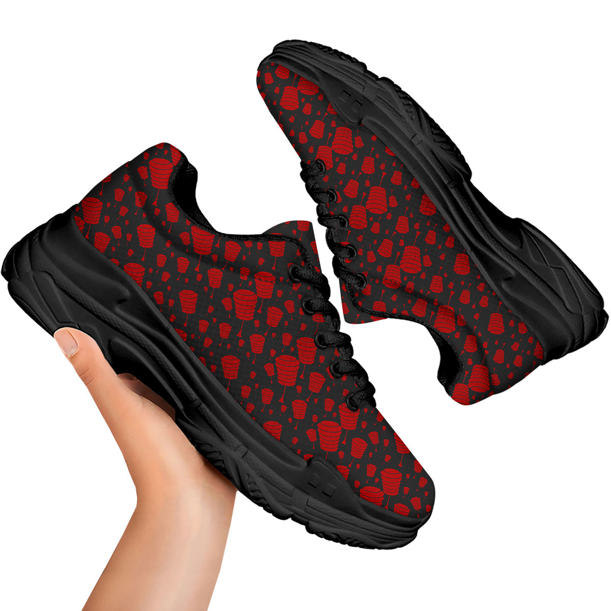 Chinese Red And Black Print Pattern Black Chunky Shoes-grizzshop