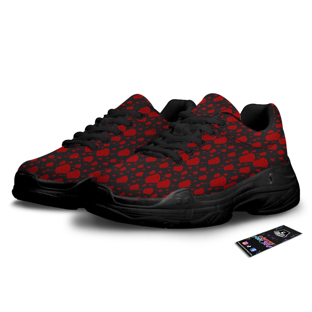 Chinese Red And Black Print Pattern Black Chunky Shoes-grizzshop