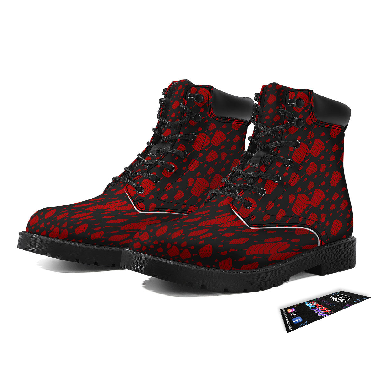 Chinese Red And Black Print Pattern Boots-grizzshop