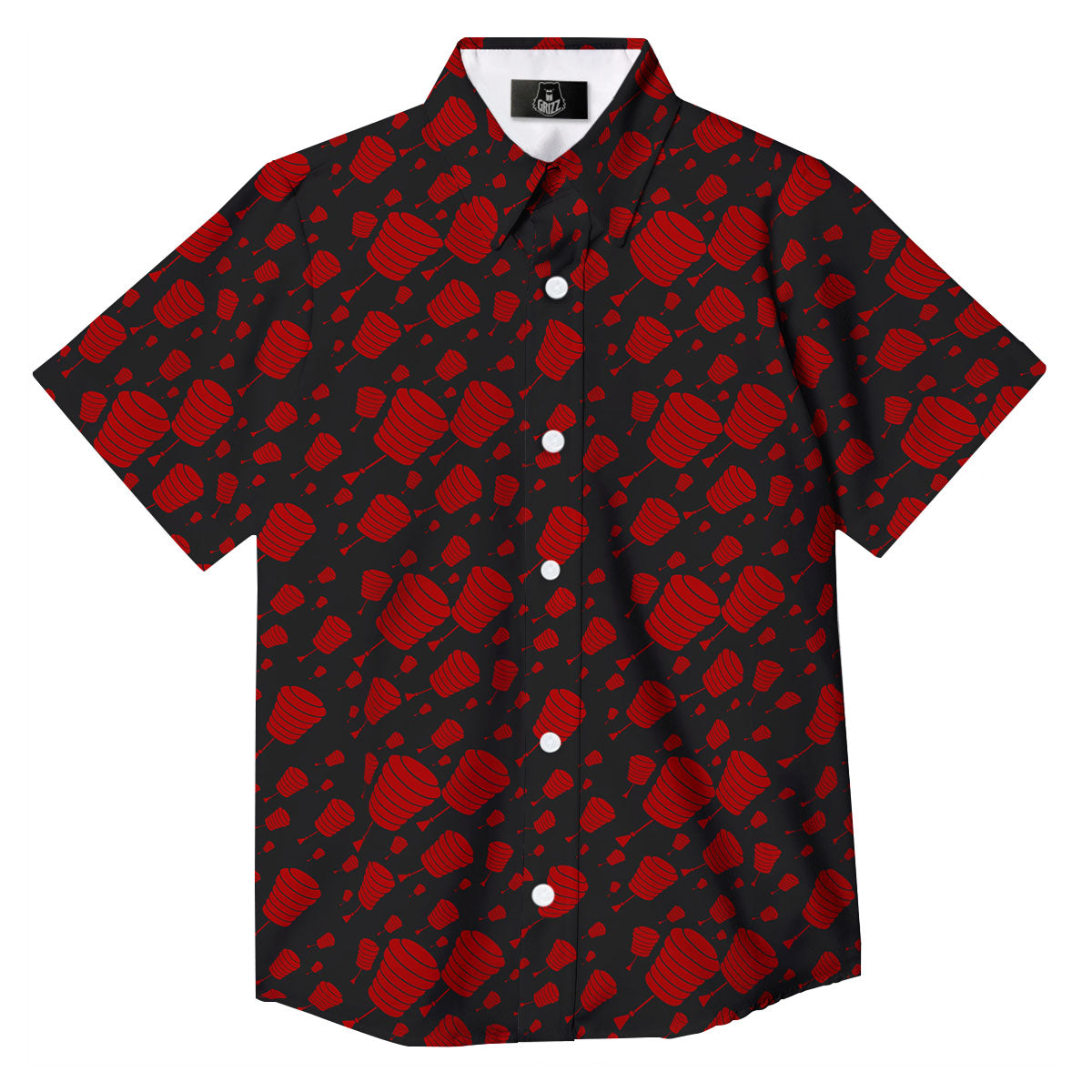 Chinese Red And Black Print Pattern Button Up Shirt-grizzshop