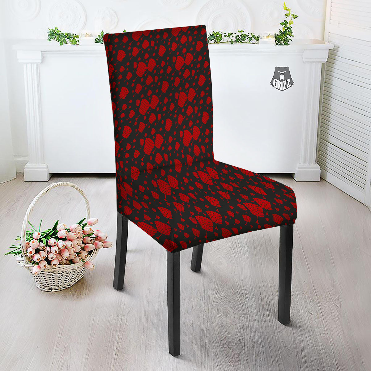 Chinese Red And Black Print Pattern Dining Chair Slipcover-grizzshop