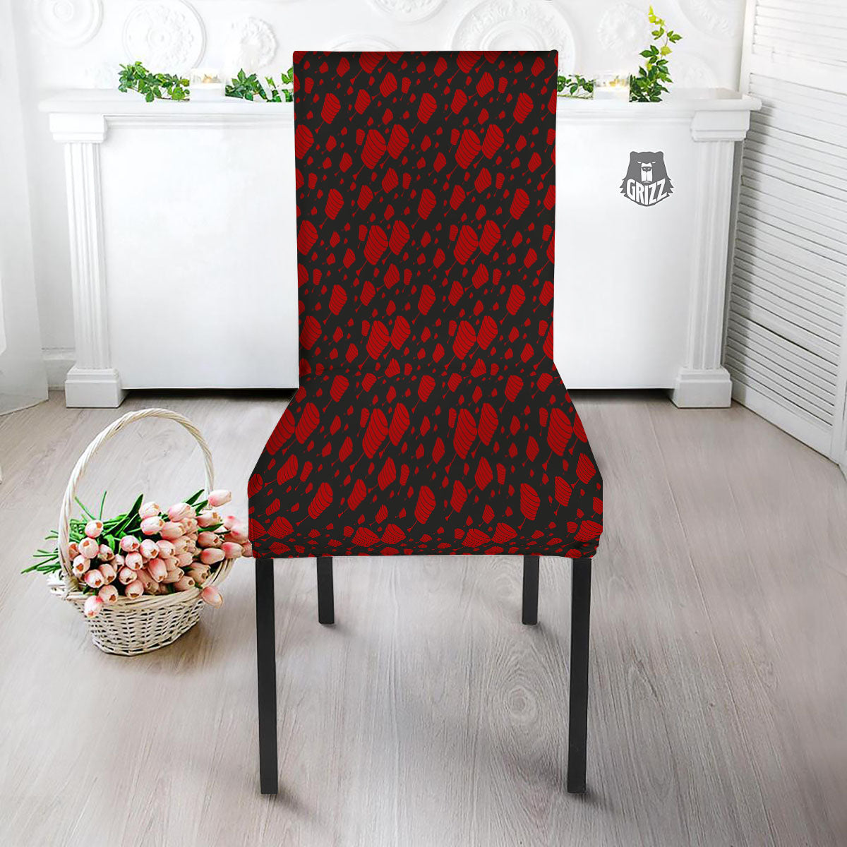 Chinese Red And Black Print Pattern Dining Chair Slipcover-grizzshop