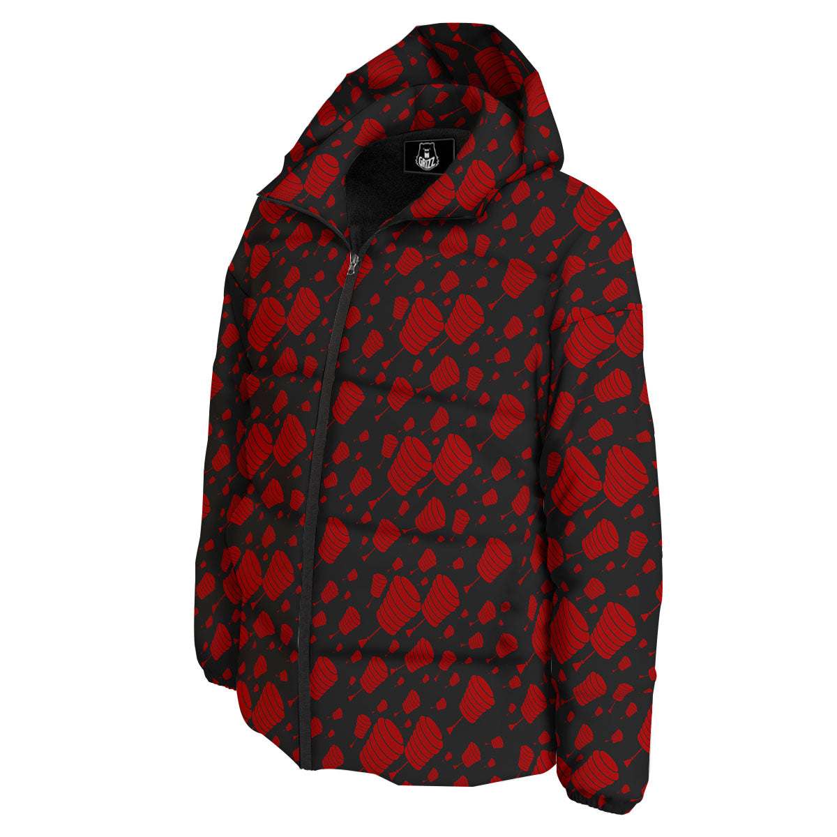 Chinese Red And Black Print Pattern Down Jacket-grizzshop