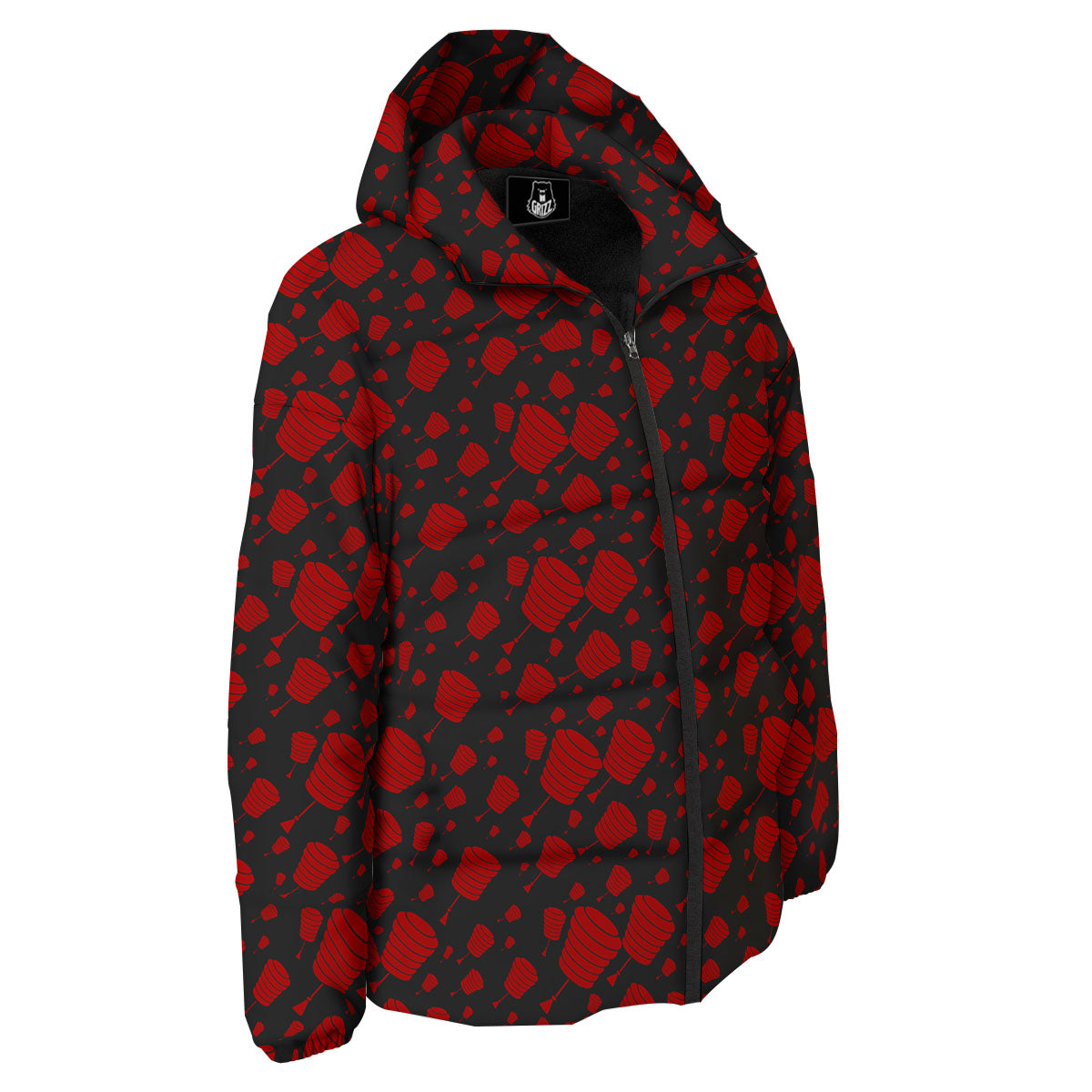 Chinese Red And Black Print Pattern Down Jacket-grizzshop
