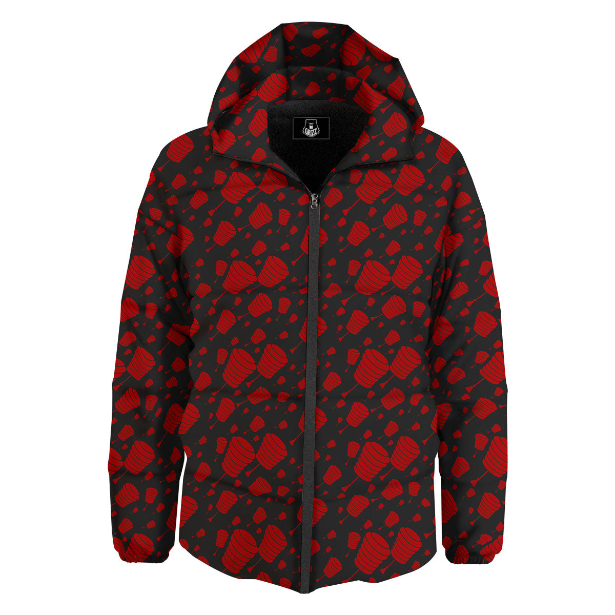 Chinese Red And Black Print Pattern Down Jacket-grizzshop