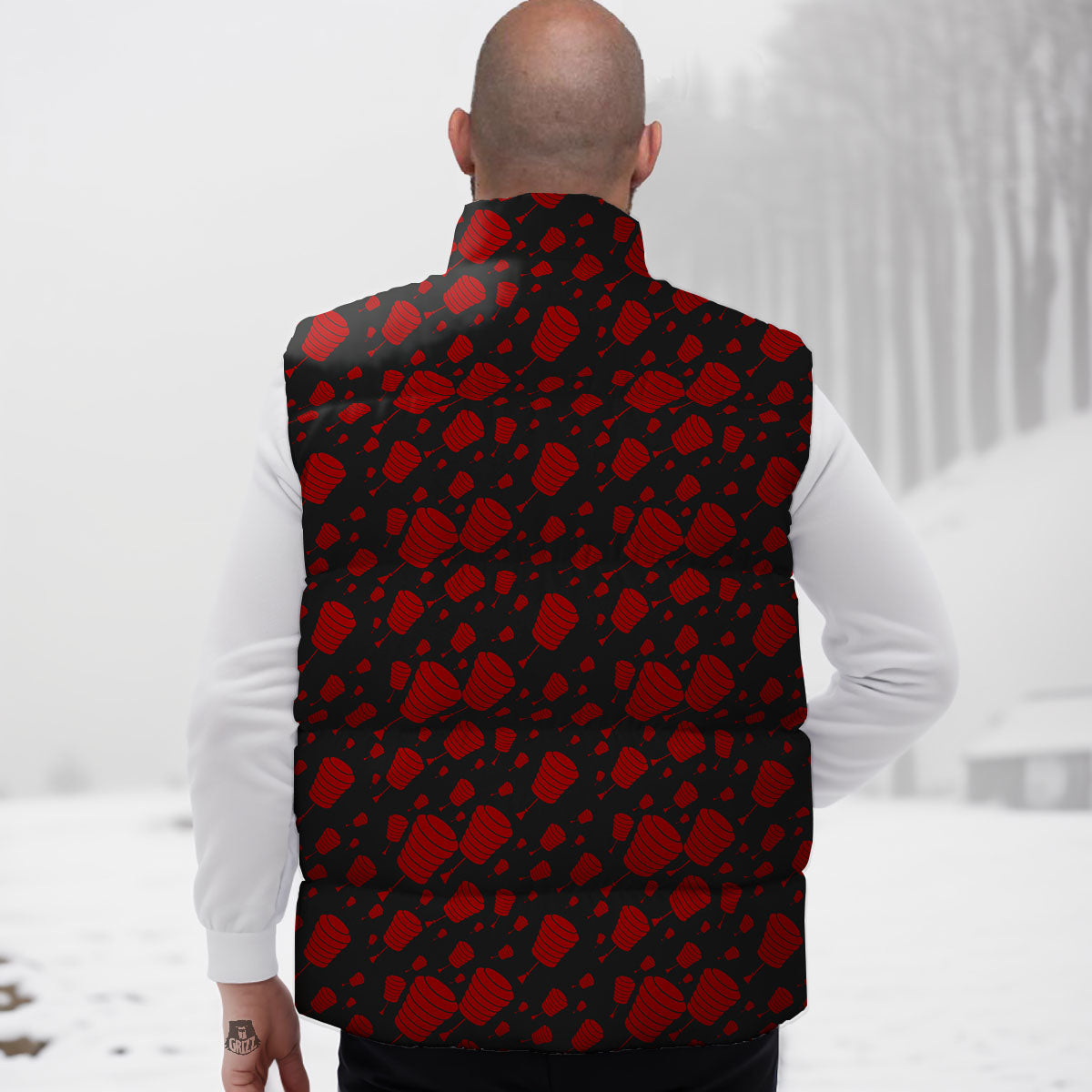 Chinese Red And Black Print Pattern Down Vest