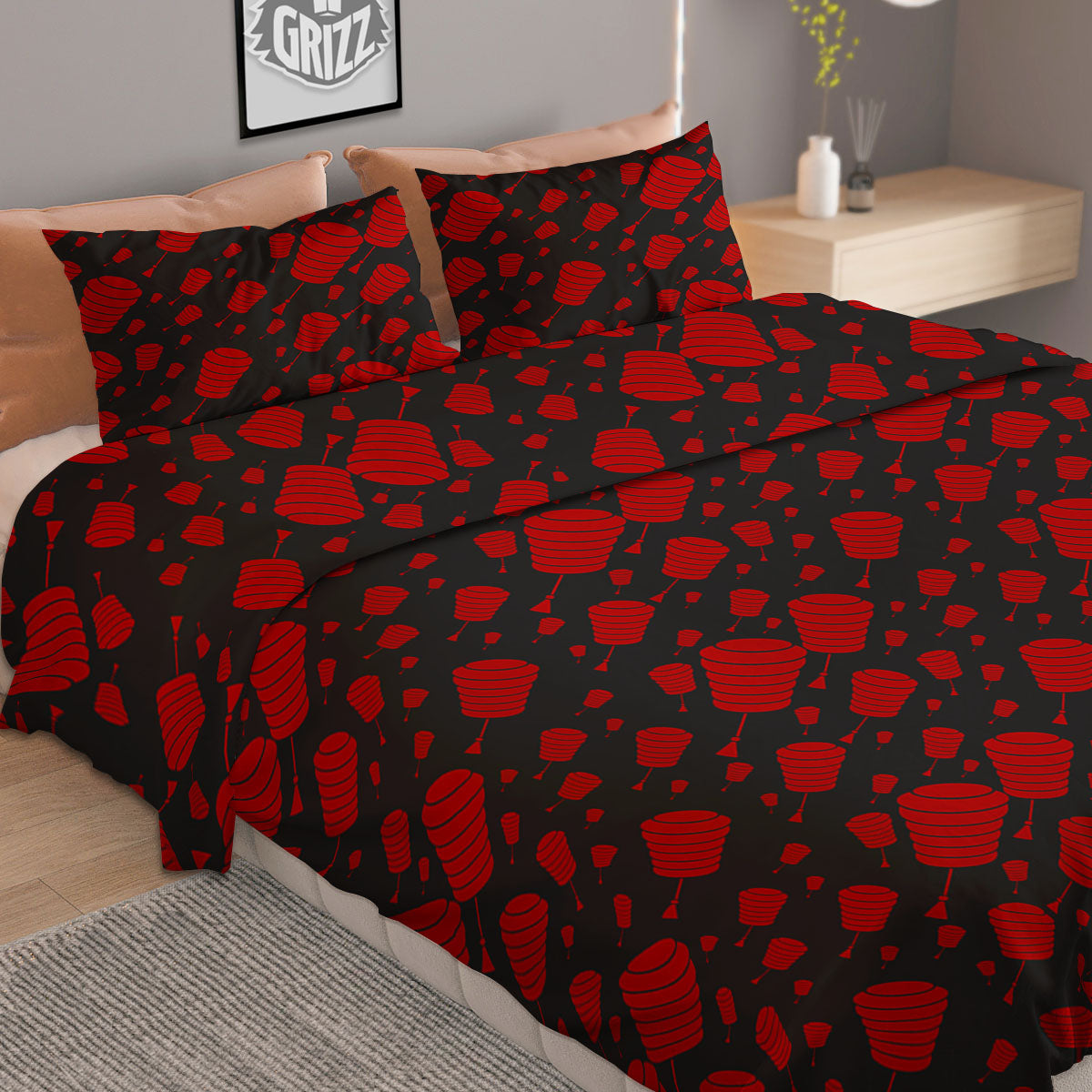 Chinese Red And Black Print Pattern Duvet Cover Bedding Set