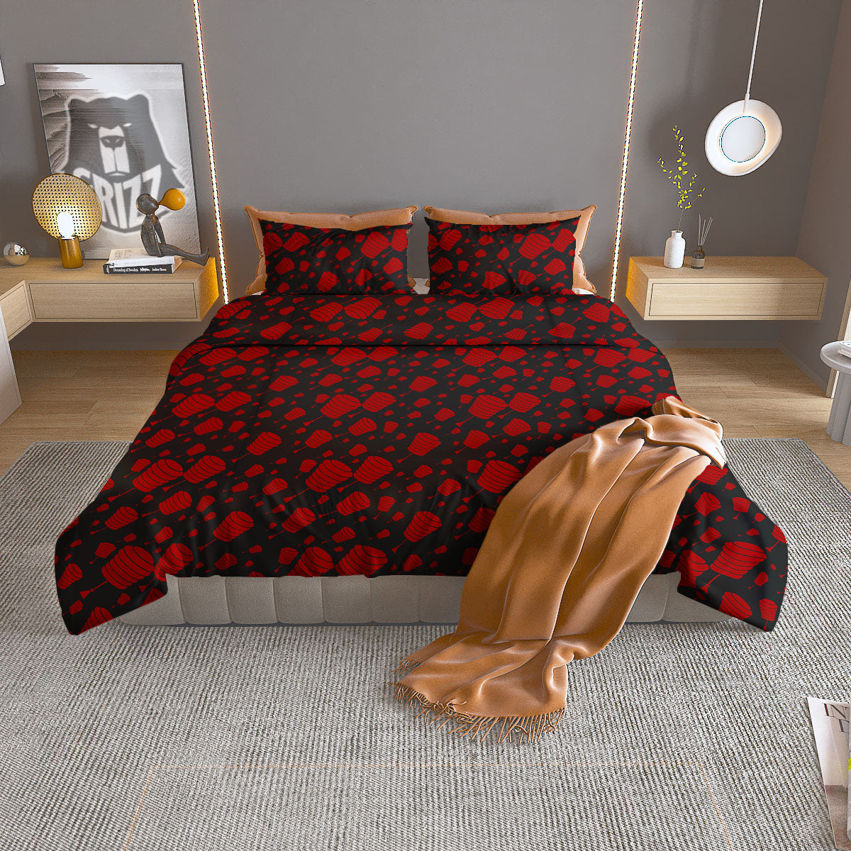 Chinese Red And Black Print Pattern Duvet Cover Bedding Set