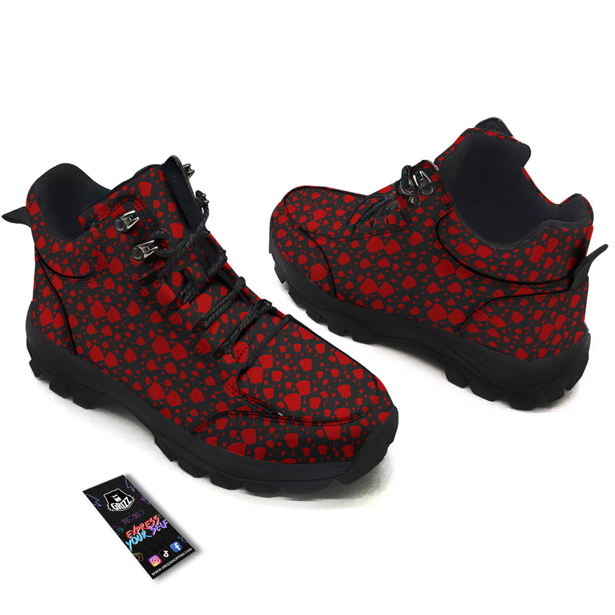 Chinese Red And Black Print Pattern Hiking Shoes-grizzshop