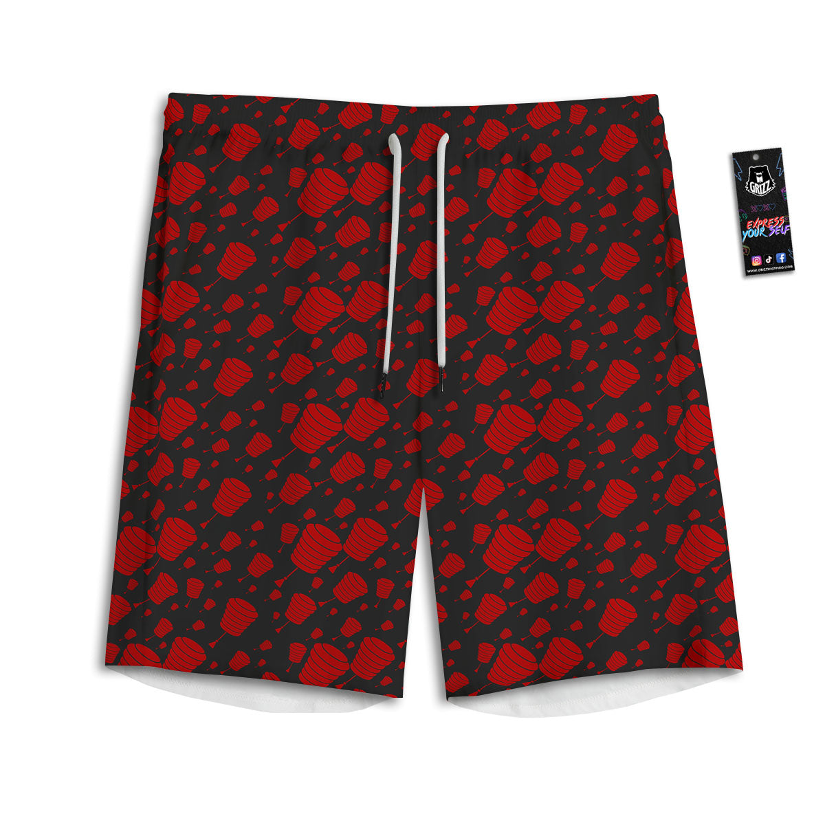Chinese Red And Black Print Pattern Men's Athletic Shorts