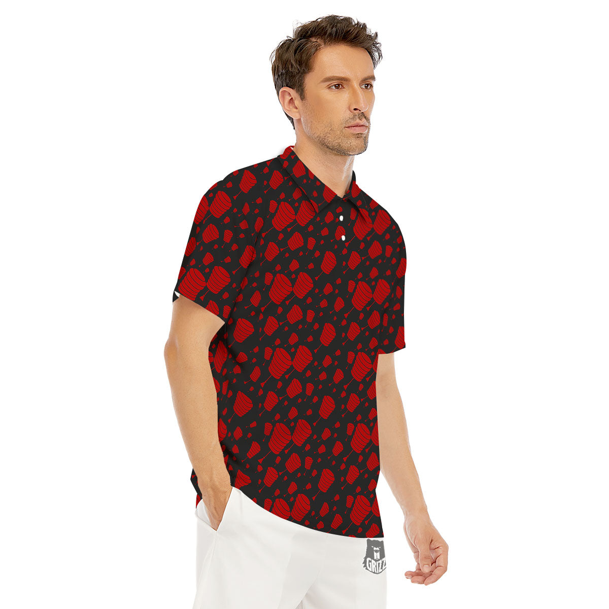 Chinese Red And Black Print Pattern Men's Golf Shirts-grizzshop