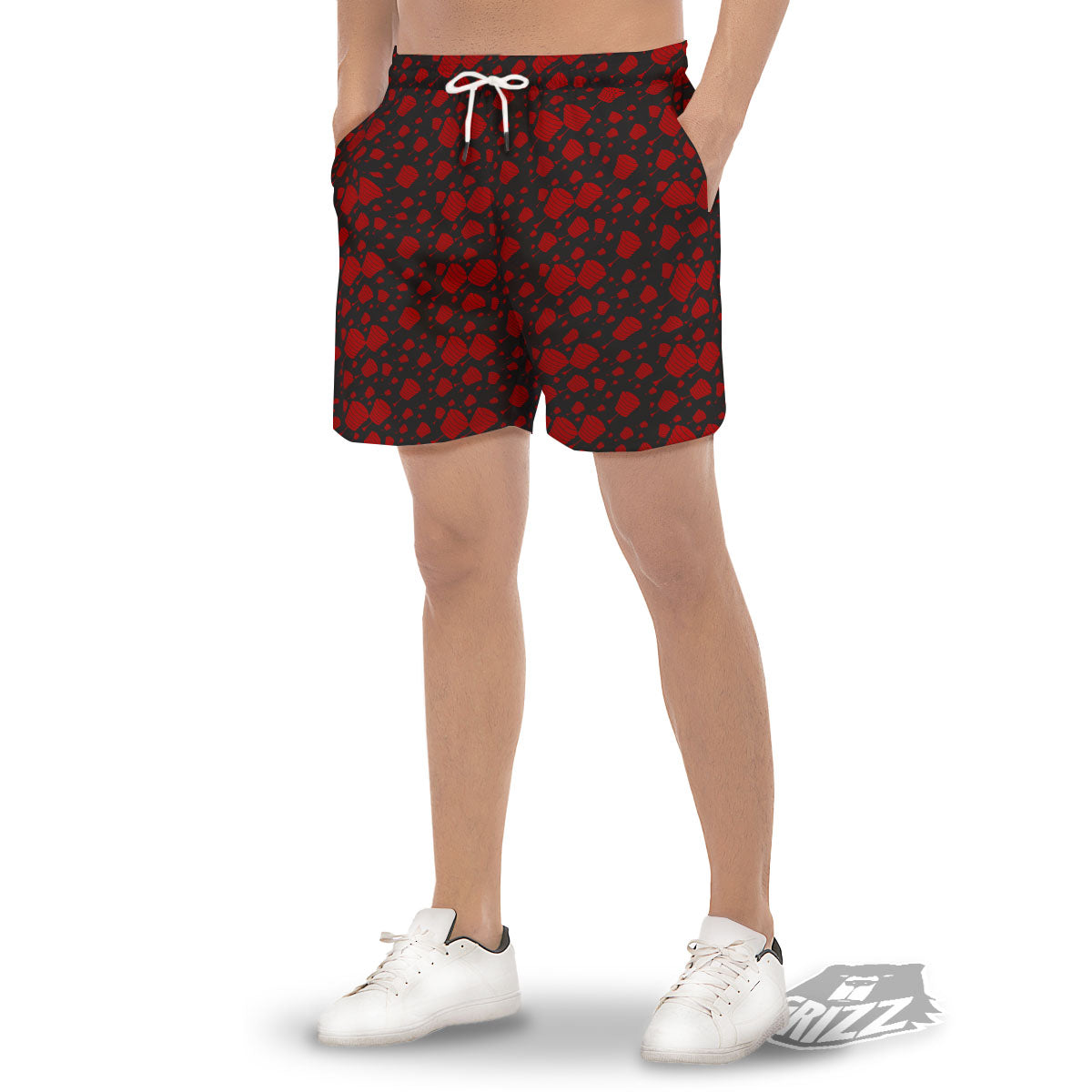 Chinese Red And Black Print Pattern Men's Gym Shorts-grizzshop