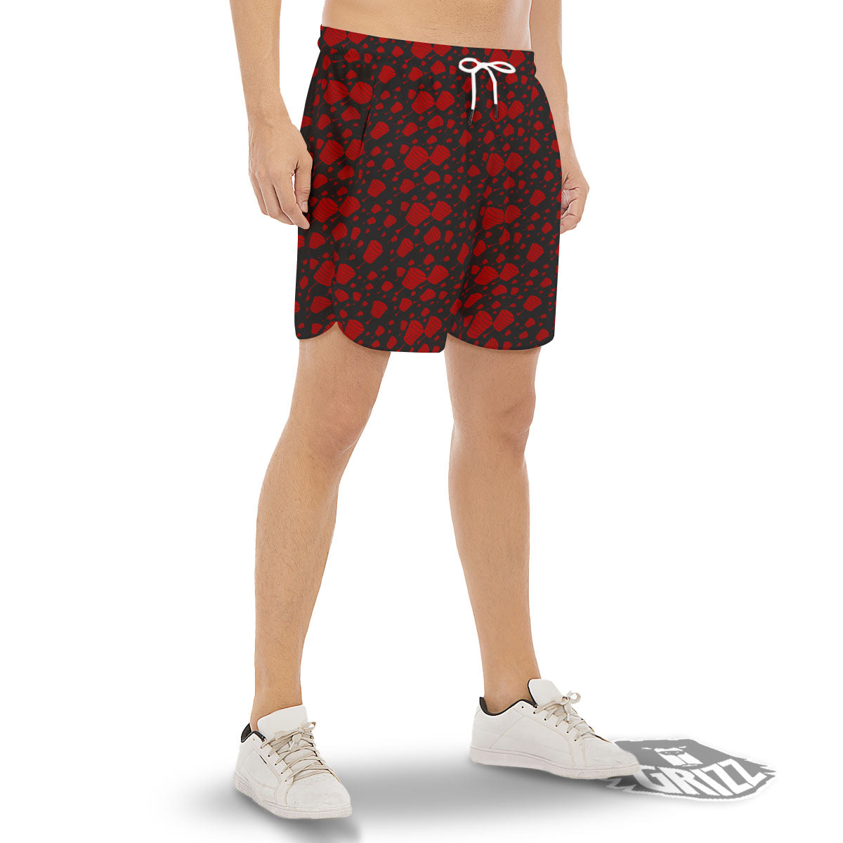 Chinese Red And Black Print Pattern Men's Gym Shorts-grizzshop