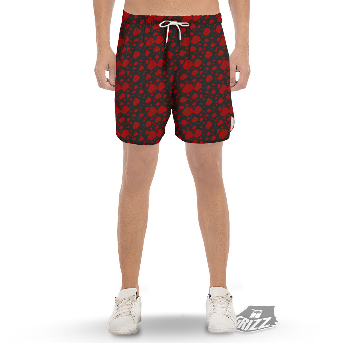 Chinese Red And Black Print Pattern Men's Gym Shorts-grizzshop