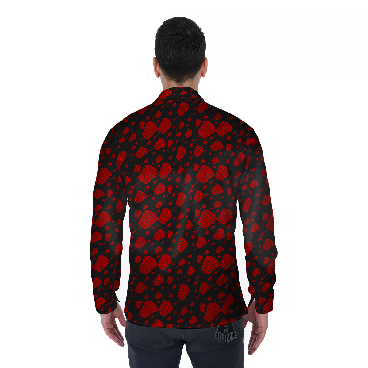 Chinese Red And Black Print Pattern Men's Long Sleeve Shirts-grizzshop